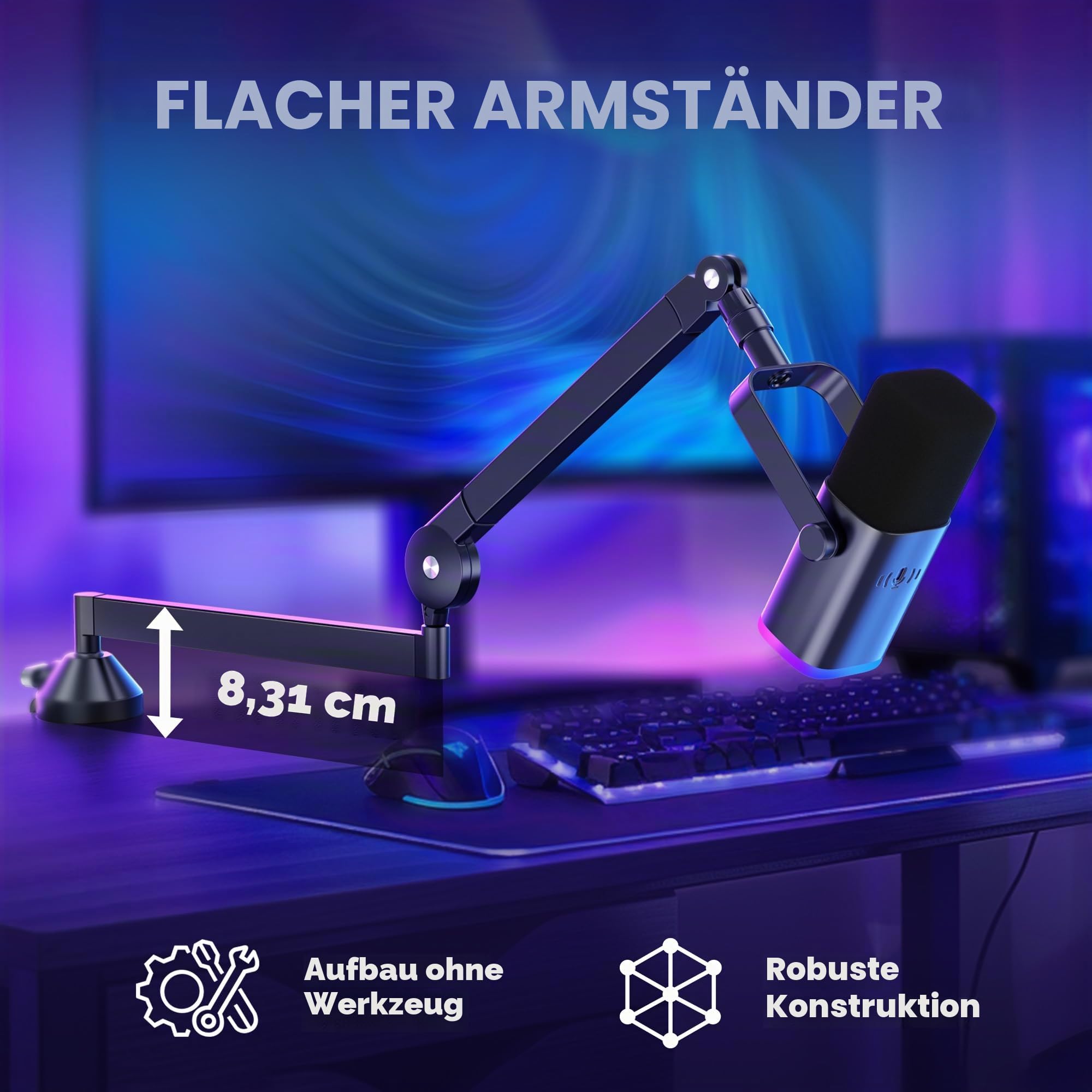 InnoGear Niedriger Profil-Mikrofonarm, 360° Drehbarer Mikrofonständer für Fifine AM8 K669B Blue Yeti HyperX QuadCast SoloCast AT2020, Mit Mikrofon-Clip 3/8 Zoll auf 5/8 Zoll
