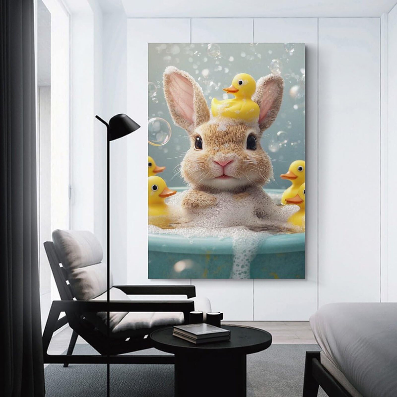Junmoney Canvas Wall Art Bunny with Rubber Ducks in Bath, 16x24inch(40x60cm), for Corridors, Hallways Or Apartment Entries, Decorative Canvas Styling for Entry Areas