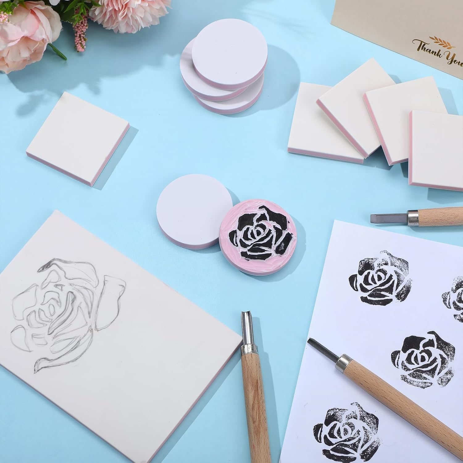 Innconee 18 Pcs Rubber Stamp Carving Blocks Linoleum Blocks 4"x6" and 2"x2" Round Square Rectangle Block Carving Kit for Stamp Crafts DIY Project (Pink and White)