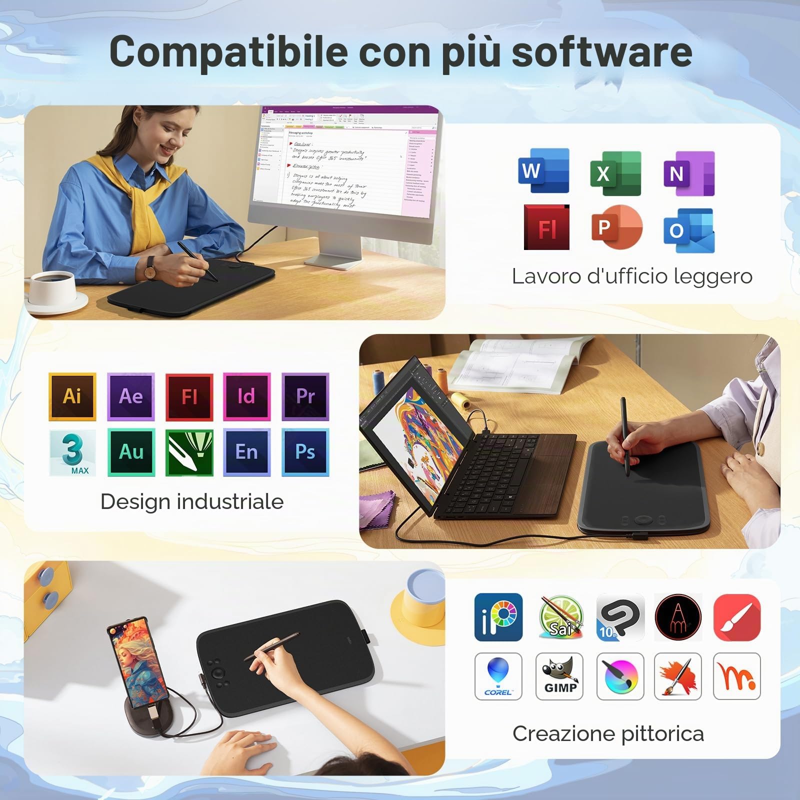 UGEE Upgrade M808 tabletta da disegno da 10 x 6,25 pollici, tavoletta grafica con 8 tasti rapidi, stilo senza batteria con sensibilità alla pressione a 8192 livelli, tavoletta da disegno compatibile