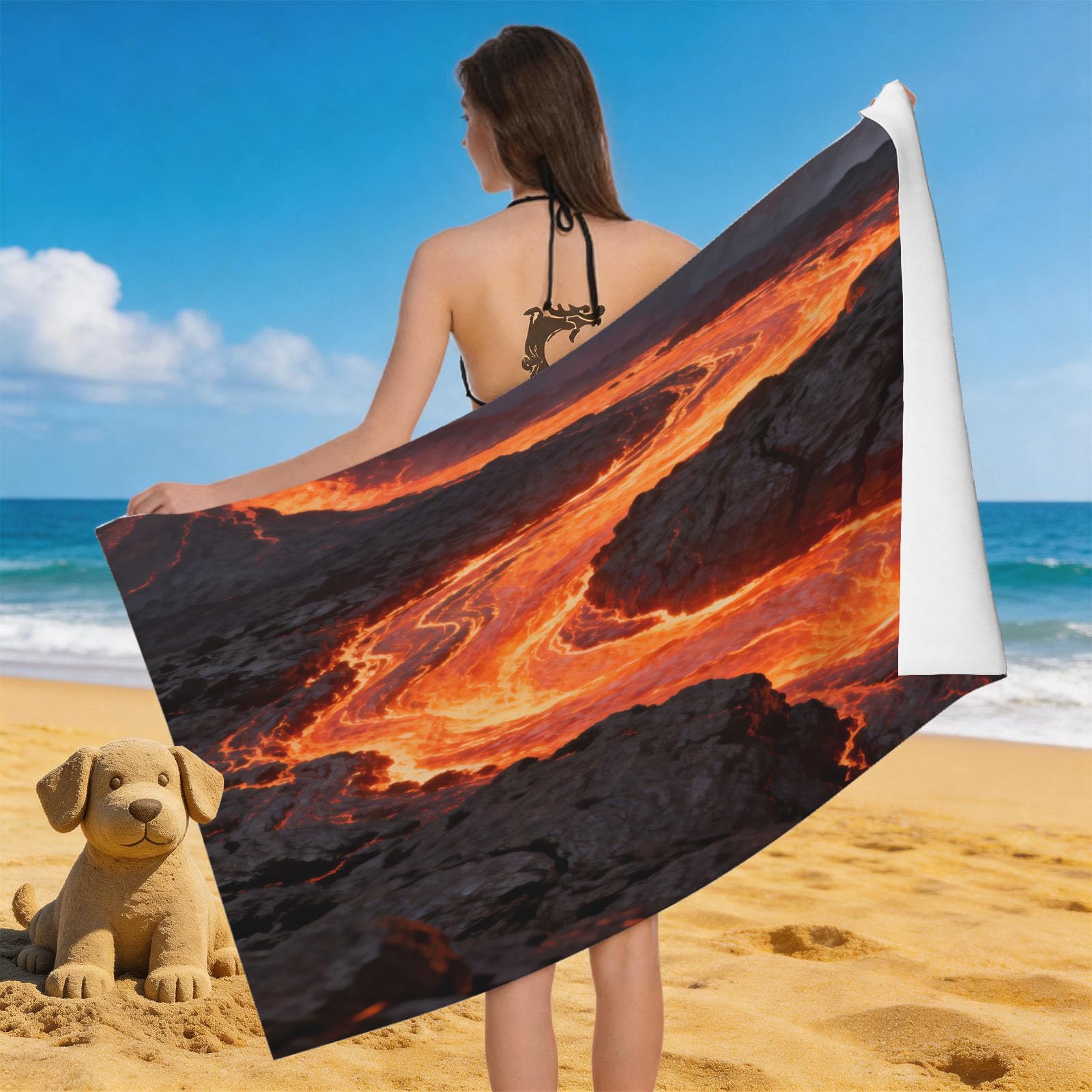 Leichong 3D Volcanic Lava Beach Towel Microfiber Soft Quick Dry for Adults, Nature Landscape Bath Towel Lightweight Soft Absorbent for Travel Swimming Pool Sports, 75 x 150 cm