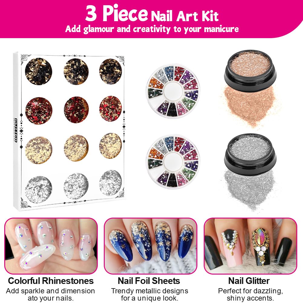 Zestaw pędzli do zdobienia paznokci, akcesoria dekoracyjne do nail art, pędzle do paznokci, kamienie stras, brokat, złota folia, wzór do paznokci, Dotted Pen, taśma w paski do manicure, pędzel