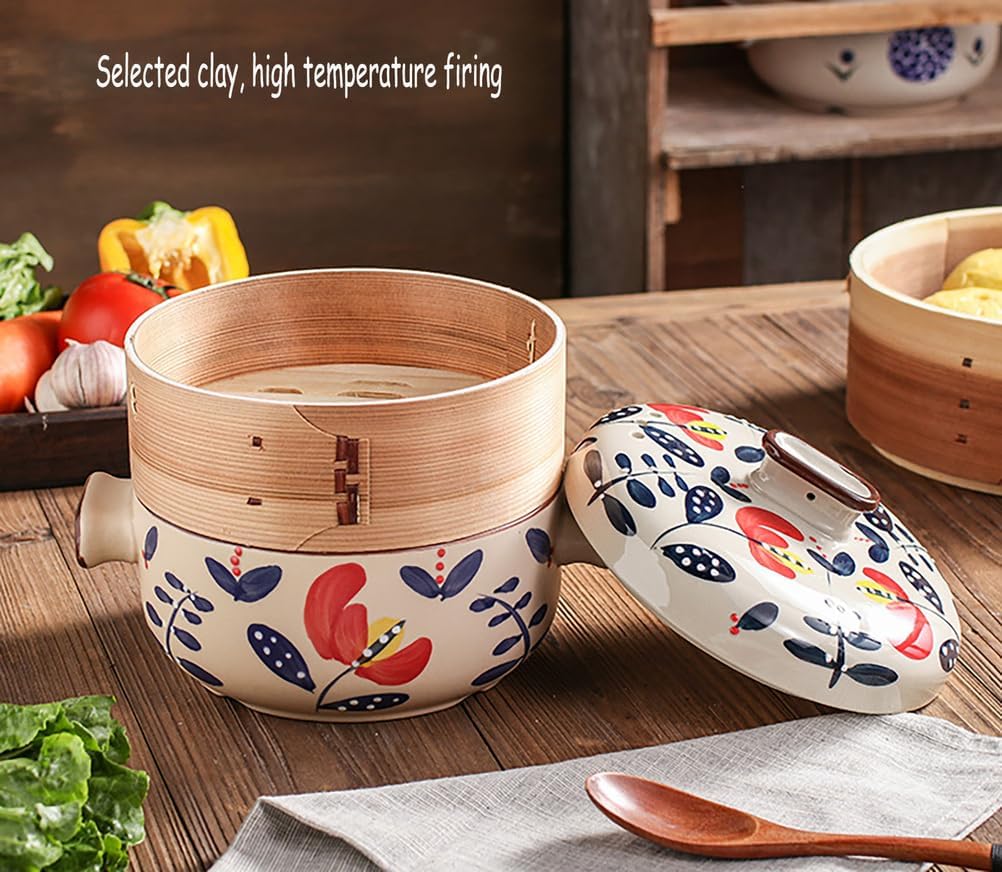 Japanese Casserole Pot with Bamboo Steamer Basket, Nonstick Earthenware Pot Ceramic Casserole Clay Pot Steam Stew Pot for KitchenCooking,Small Flowers,1.5L