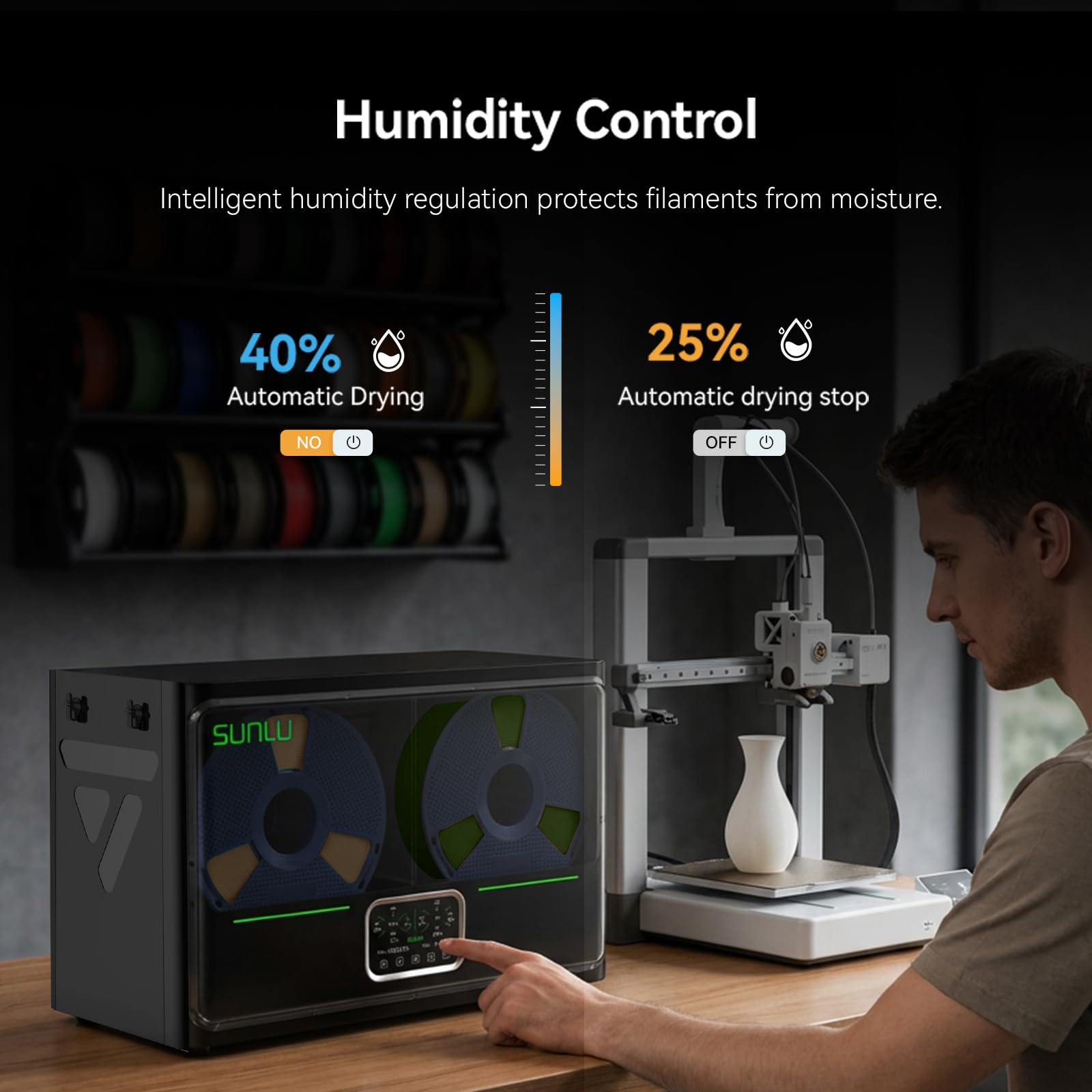 2026 SUNLU S4 Pro Secador de Filamento, Caja Secadora de Filamento para 4 Bobinas con Dos Cámaras Ajustables por Separado, 380 W hasta 85 °C, 8 Salidas de Filamento, para PLA PETG ABS TPU PA PC Nylon