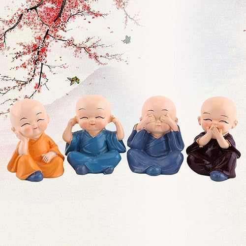 Miniatura 5 de Decoración de cuatro monjes, estatuas de monje sonriente, juego de 4 figuras de Buda en miniatura, Little Wealth Lucky Laughing Showpiece No Evil