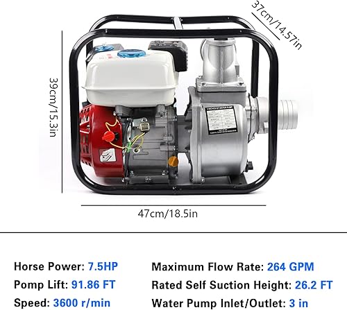 Miniatura 2 de Bomba de transferencia de agua de 7.5 HP de 3 pulgadas, bomba de agua de gasolina de 4 tiempos, bomba de transferencia de agua de resistencia a la