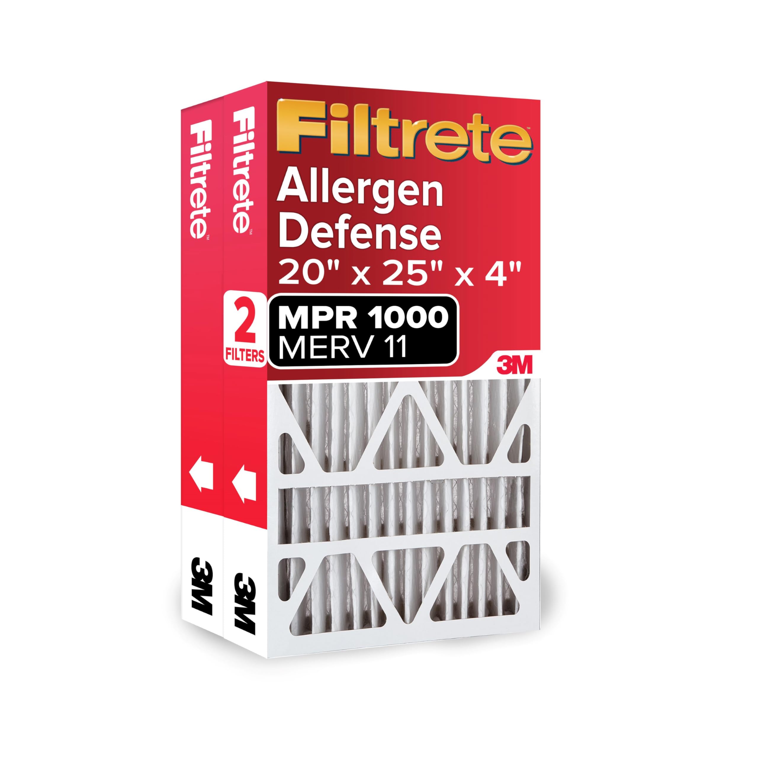 Filtrete 20x25x4 AC Furnace Air Filter, MPR 1000, MERV 11, Fits Honeywell & AprilAire Space-Gard, Allergen Defense, Electrostatic Air Cleaning Filter, 2-Pack (actual size 19.88 x 24.63 x 4.31)
