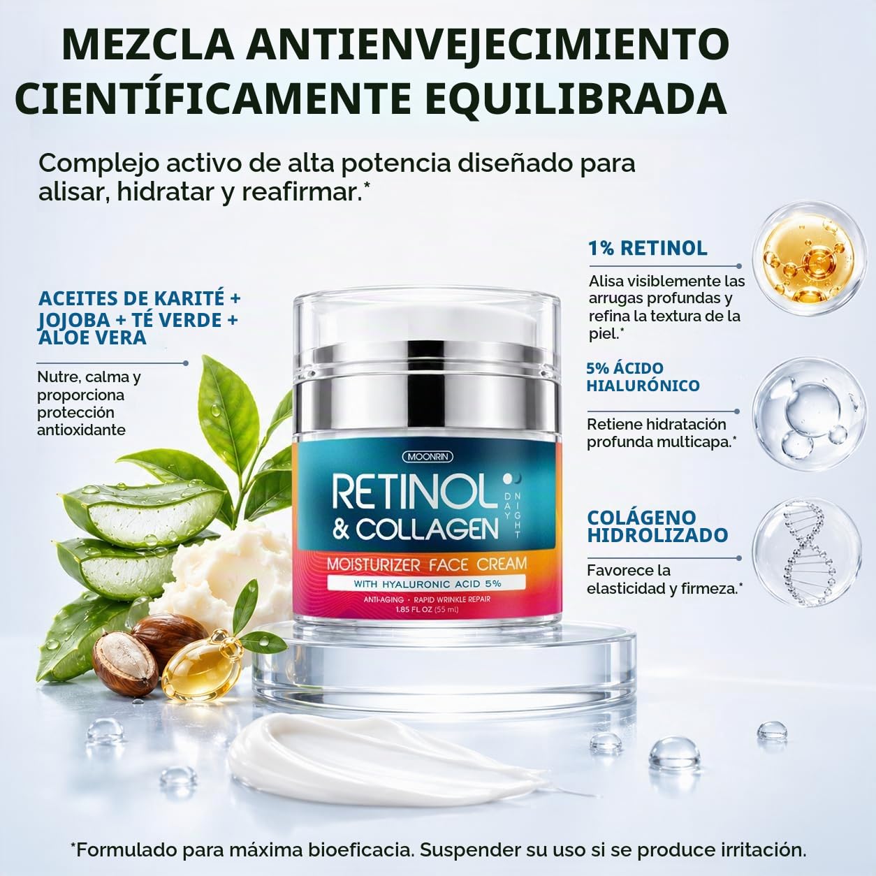 Crema de retinol para la cara con ácido hialurónico, hidratante facial de colágeno para mujeres y hombres, fórmula antienvejecimiento avanzada para levantar la piel, reduce las arrugas, las líneas