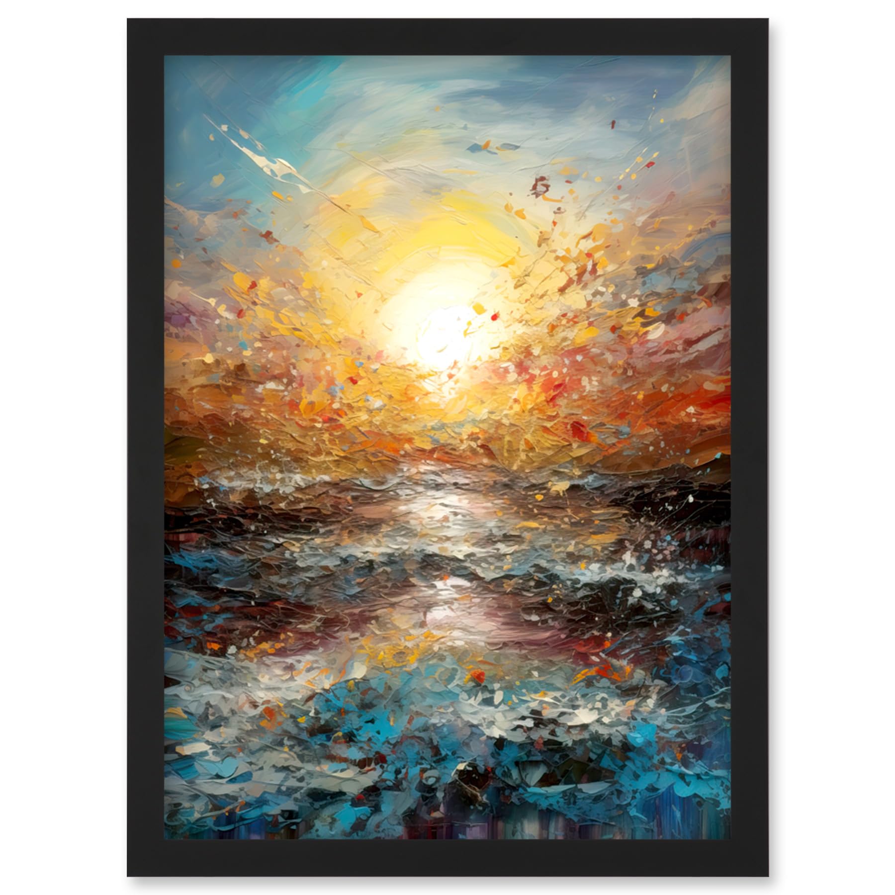 Artery8 Sunrise at Sea Abstract Seascape Splatter Art Artwork Framed Wall Art Print A4