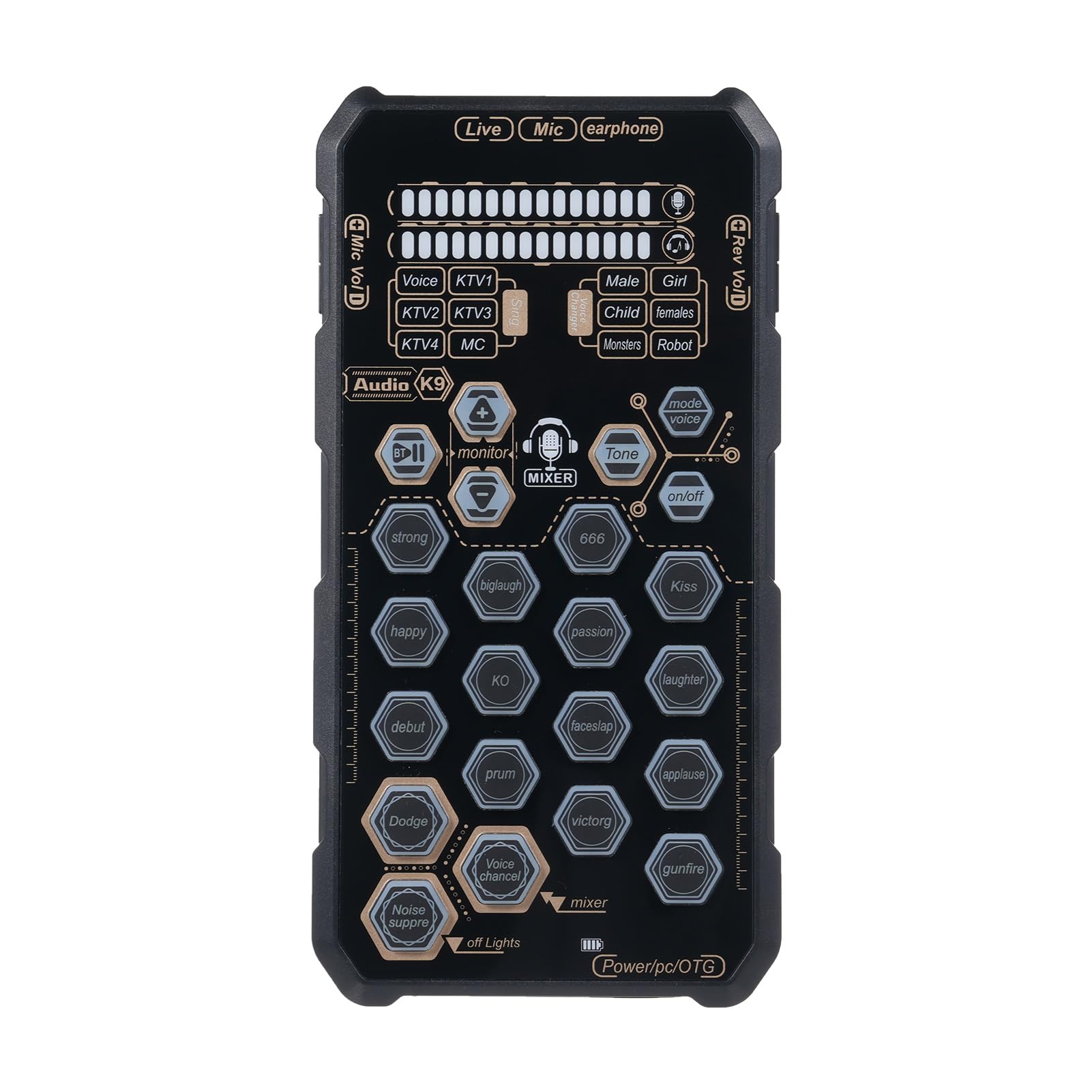 Scheda Audio Live Portatile K9 con di Voce - 6 modalità di Canto e 6 Effetti Vocali - Mixer USB per Karaoke e Registrazione - Compatta e Facile da Usare per Podcaster e Streamer