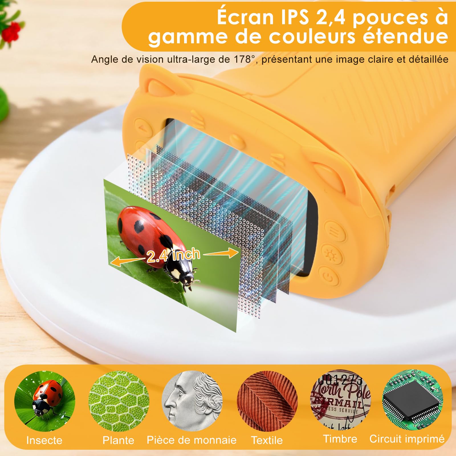 1000X Microscope Enfant,Microscope NuméRique pour 2.4" IPS Pouces & 8 LED Lumiere,Rechargeable,pour 4-12 Ans - Orange
