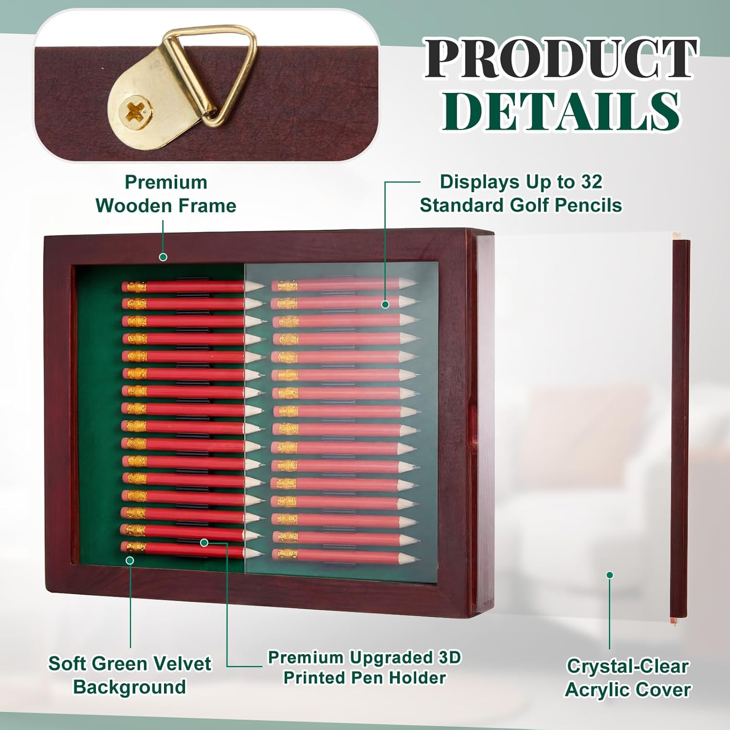 Golf Pencil Display Case Holds 32 Round or Hexagonal Golf Pencils Display Frame Wall Mount for Home Office Decor and Collectibles, Pencil Not Include(3D Print)