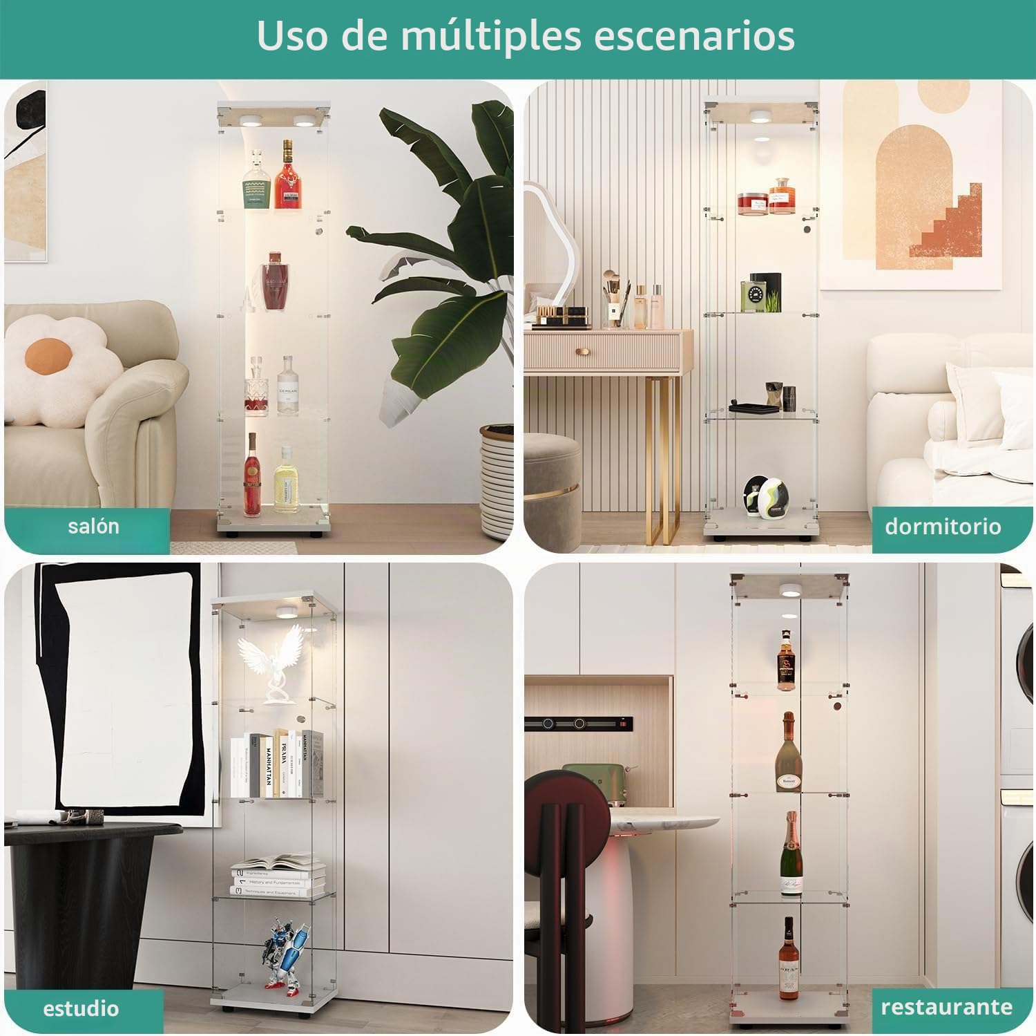 Vitrina de Cristal con LED, Armario para colección con 1 Puerta, 4 estantes, Transparente, gabinete, Vitrina, Cristal, Vitrina, estatuilla, gabinete, Vitrina, salón, Bar (4 Pisos,1 Puerta