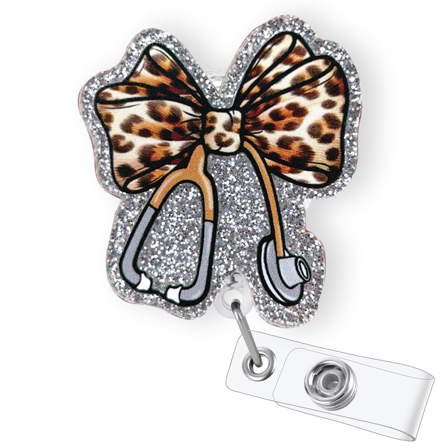 Funny Stethoscope Leopard Bow Badge Reel Retractable for Nurse Nursing RN CNA LPN & Medical Assistant, Glitter Cheetah Print Bow ID Badge Holder with
