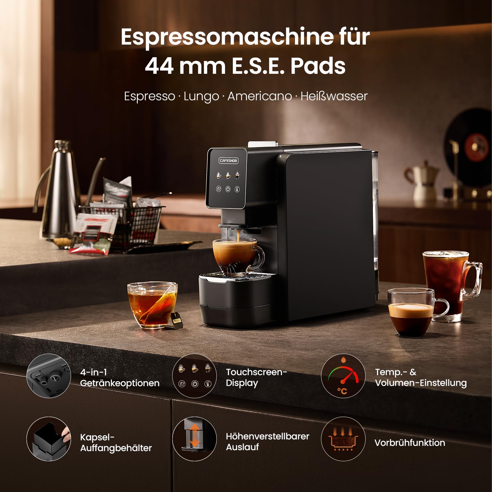 Casabar1 Kaffeepadmaschine für 44mm E.S.E. Pads, Touchscreen, 4 Getränke | 19 Bar Italienische Pumpe, Pre-Infusion, Einstellbare Temp. & Menge, Americano-Bypass, Espressomaschine für Zuhause & Büro