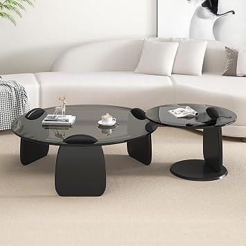 Tempered Glass Coffee Table Set of 2, Round Center Tables Minimalist Tea Table with Sofa Side Table, Modern Cocktail Table with Wood Base for Living Room Office80+50cm31+20", Gray + Black
