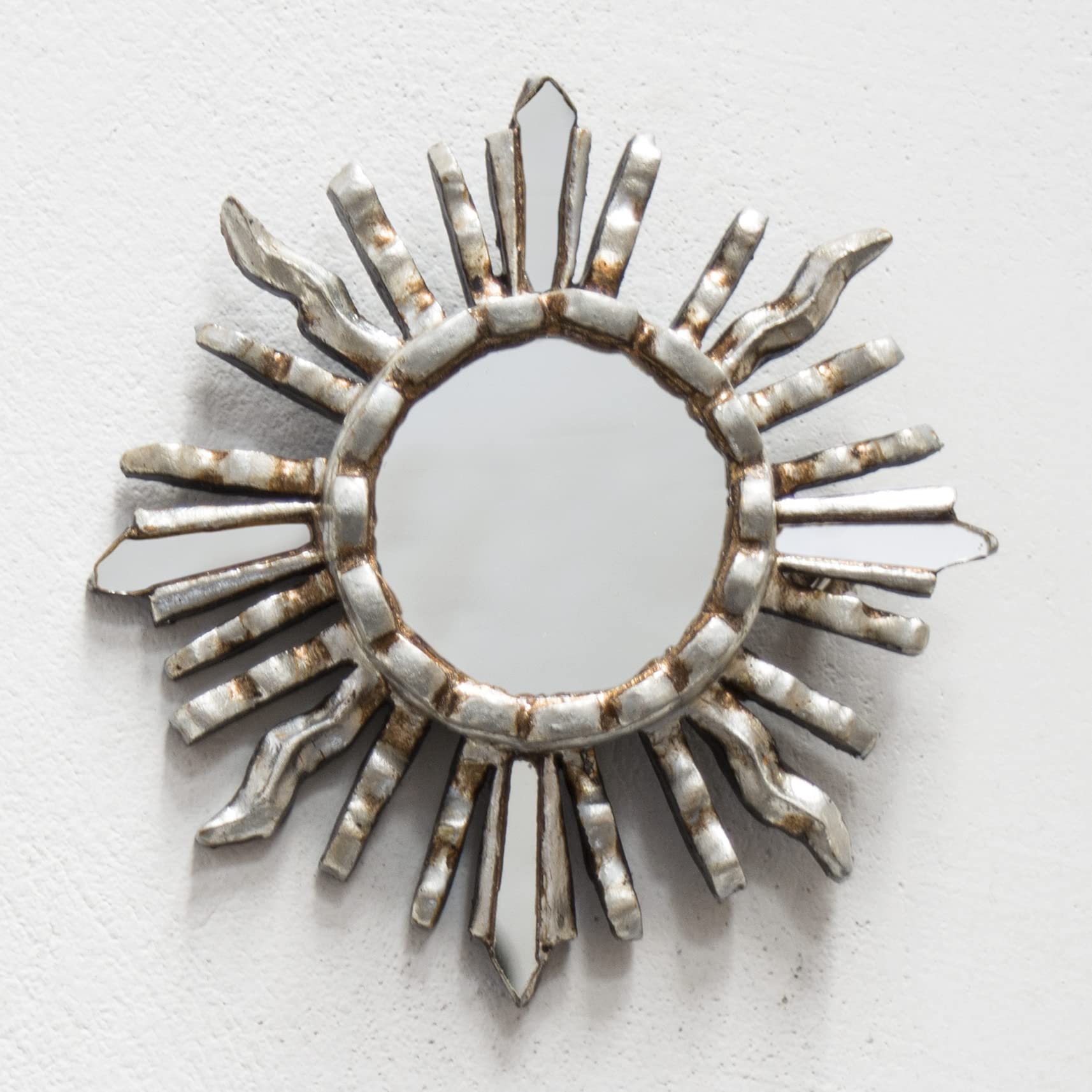 Handmade Small Round Wall Mirror 6"- Peruvian Accent Wood sunburst Mirror for Wall room decor (Gold)