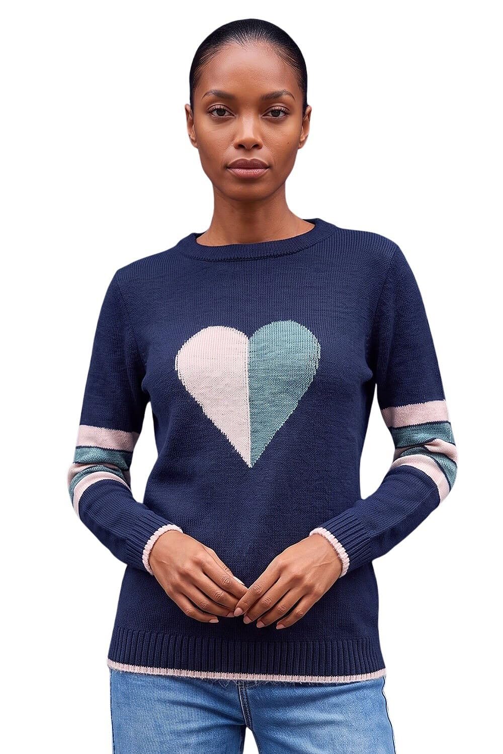 Roman Women's Midnight Blue Heart Print Stripe Sleeve Jumper Size 16