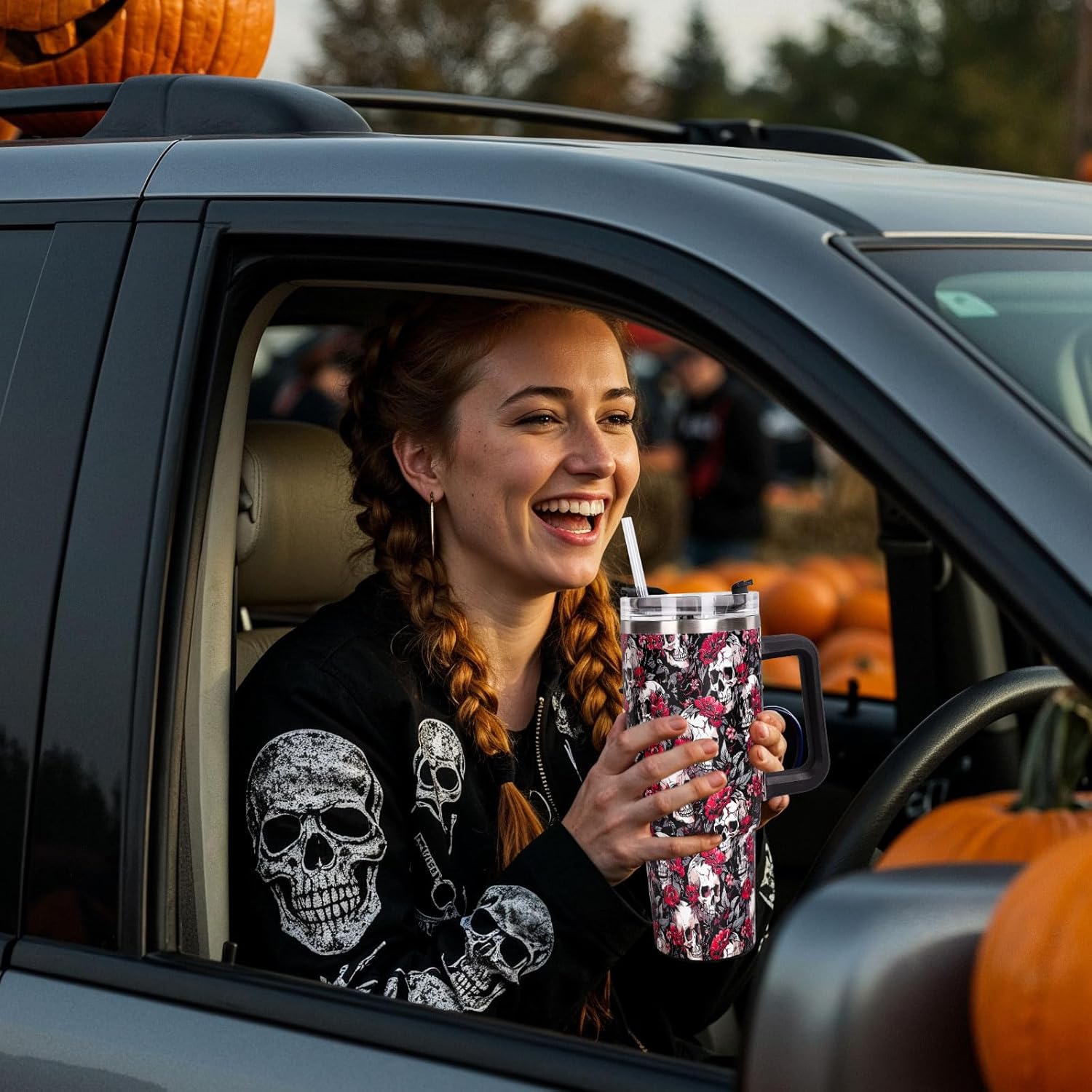 Whaline 40oz Halloween Tumbler with Handle Straw and Lid Skull Floral Travel Tumbler Coffee Cup for Holiday Birthday Party Favors - Image 7