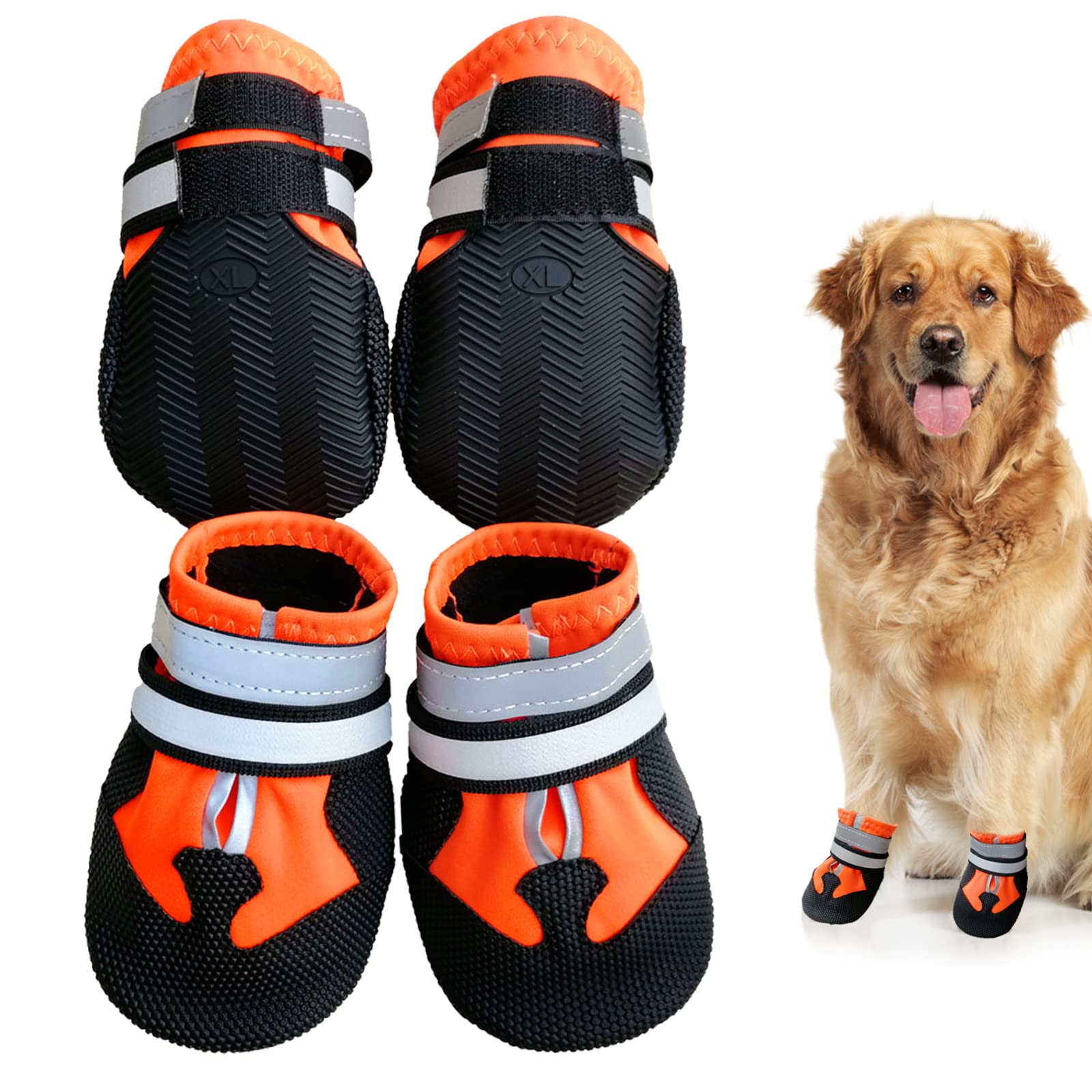 Scarpe per Cani, Set di 4 Stivali per Cani Impermeabile con Cinturini Riflettenti, Scarpe Cane con Cinturini Riflettenti e Suola Antiscivolo per Protezione Le Zampe per Cani (S, Arancia)