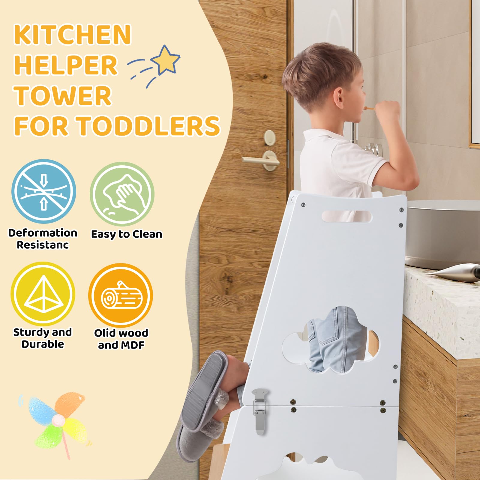 KIDINIX Learning Tower, 3 in 1, Torre di apprendimento Montessori, a partire da 1 anno, con ringhiera di sicurezza e lavagna, pieghevole, per bambini, con funzione tavolo, per cucina, bagno, natura e