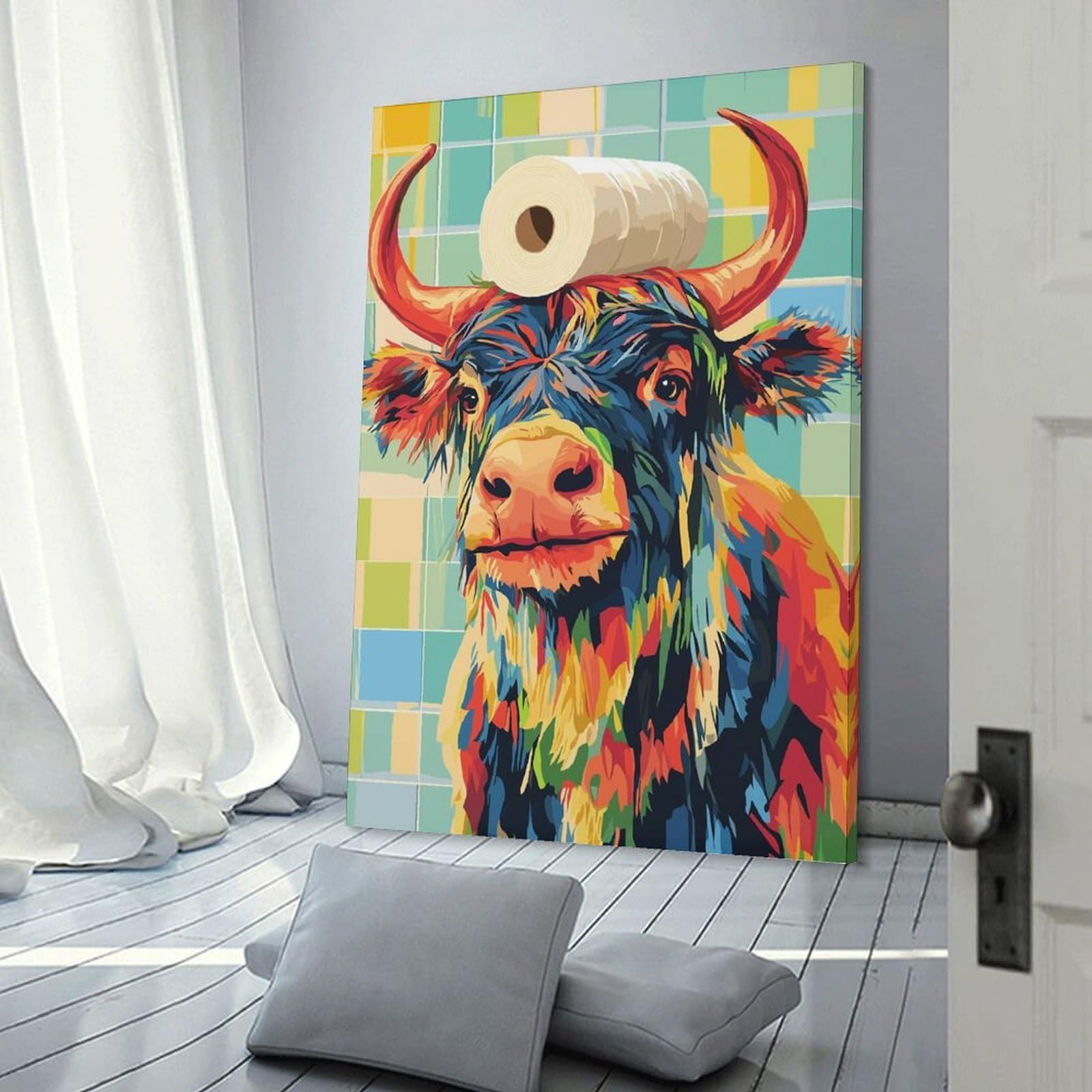 Junmoney Frame-Style-11-1 Colorful Cow With Toilet Paper Hat Canvas Wall Decor 16X24inch(40X60cm), For Study, Office Or Focused Interiors, Wall Art That Adds Style To Work Areas