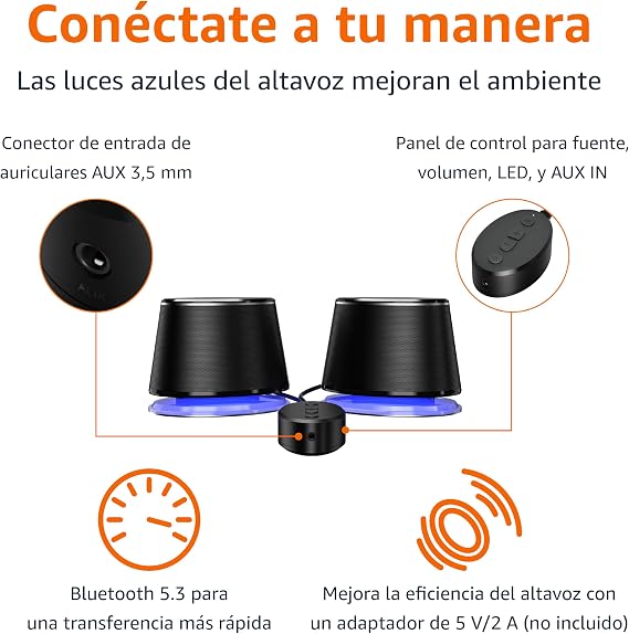 Amazon Basics Computer Speakers with Bluetooth and USB, Blue Light, Black