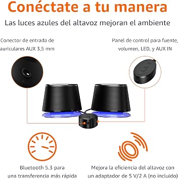 Amazon Basics Computer Speakers with Bluetooth and USB, Blue Light, Black