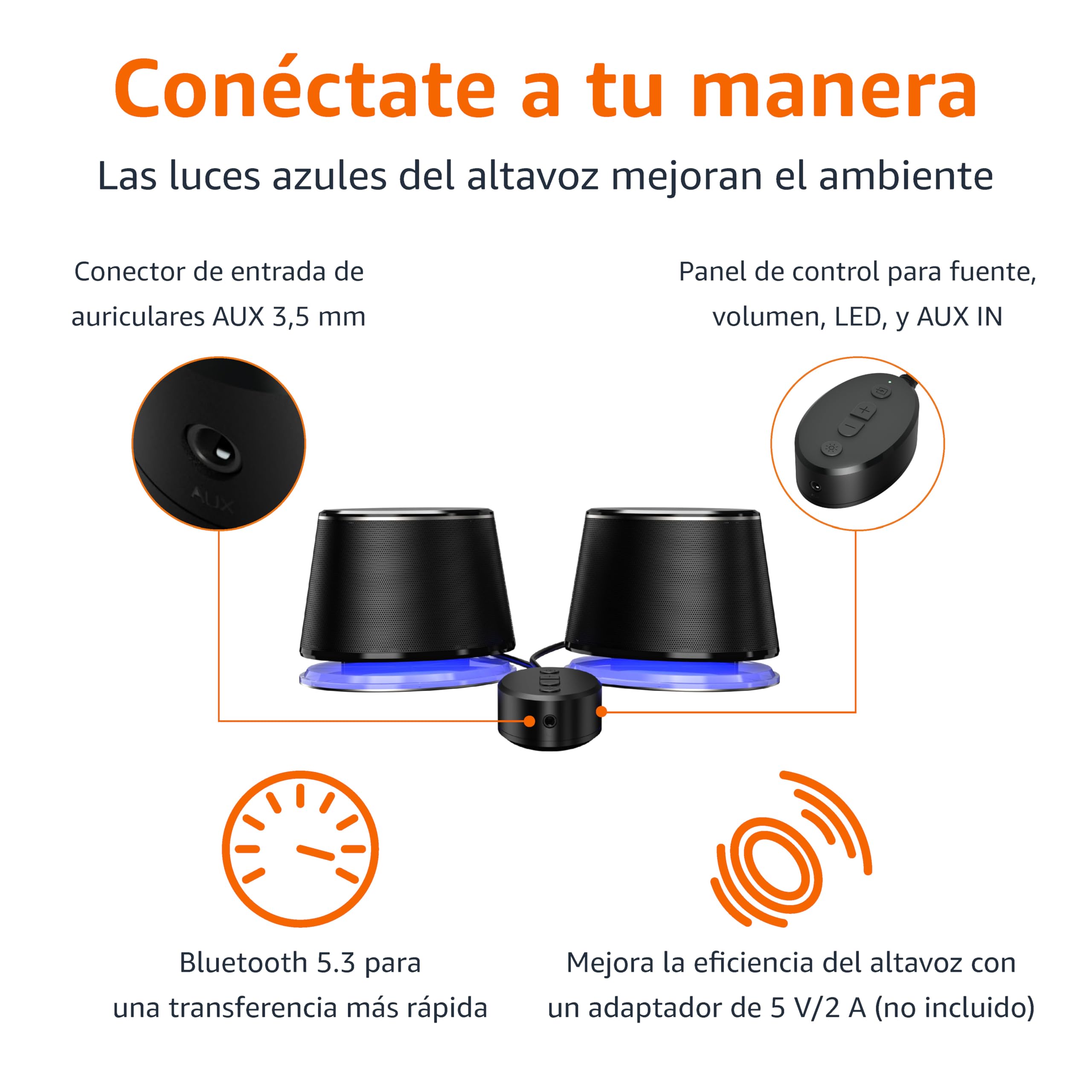 Amazon Basics Altavoces de ordenador con Bluetooth y USB, luz azul, Black