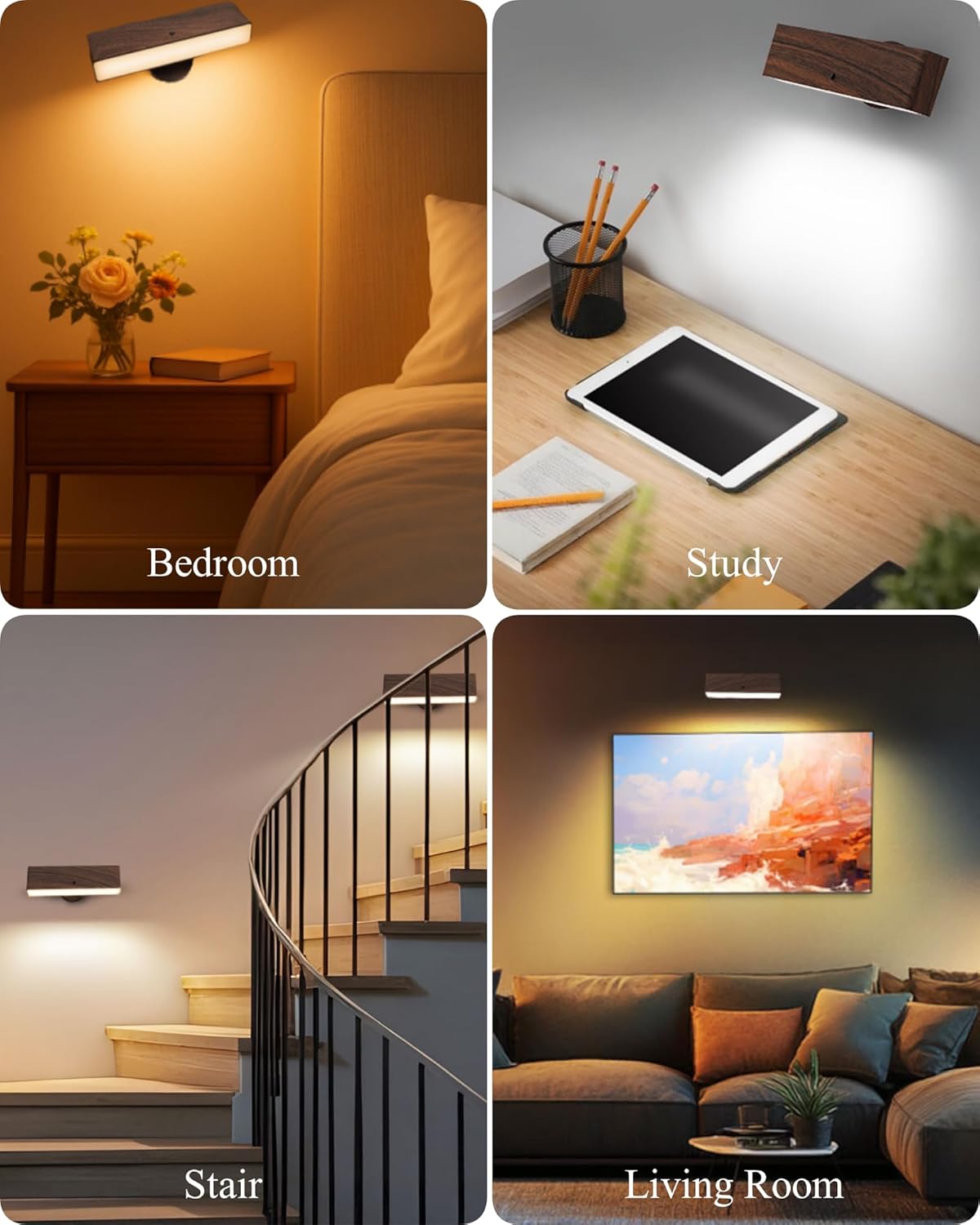 Battery Operated Wall Sconces Set of 2: Wireless Rechargeable Wall Light with Remote&Button, 360° Rotate Magnetic Scone Lighting LED Wall Mount Sconce Lamp for Bedroom Bedside Reading, Wood