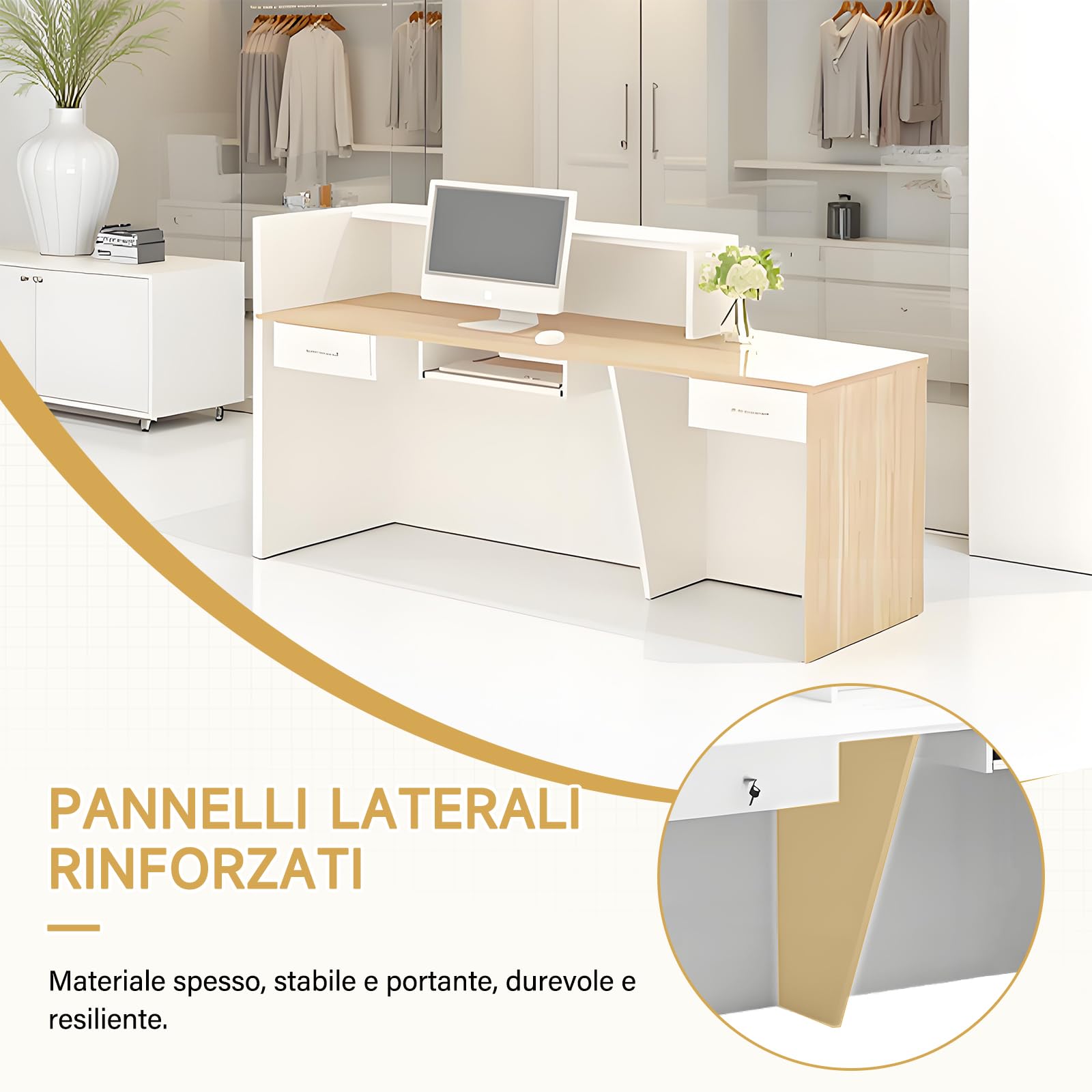 Bancone Reception Moderno con Spazio di Archiviazione, Scrivania Reception da 100–240 cm con Cassetto e Ripiani, Ideale per Uffici, Saloni, Hall e Negozi