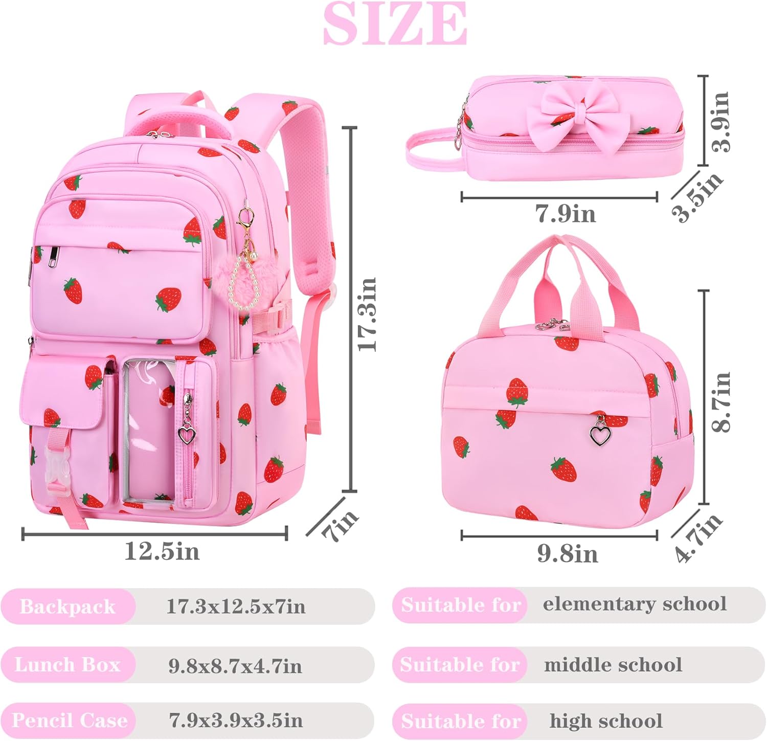 Girls Backpack Set with Lunch Box & Pencil Case, Floral Print Girls School Backpack for Elementary/Middle/High School (Pink-Strawberry)