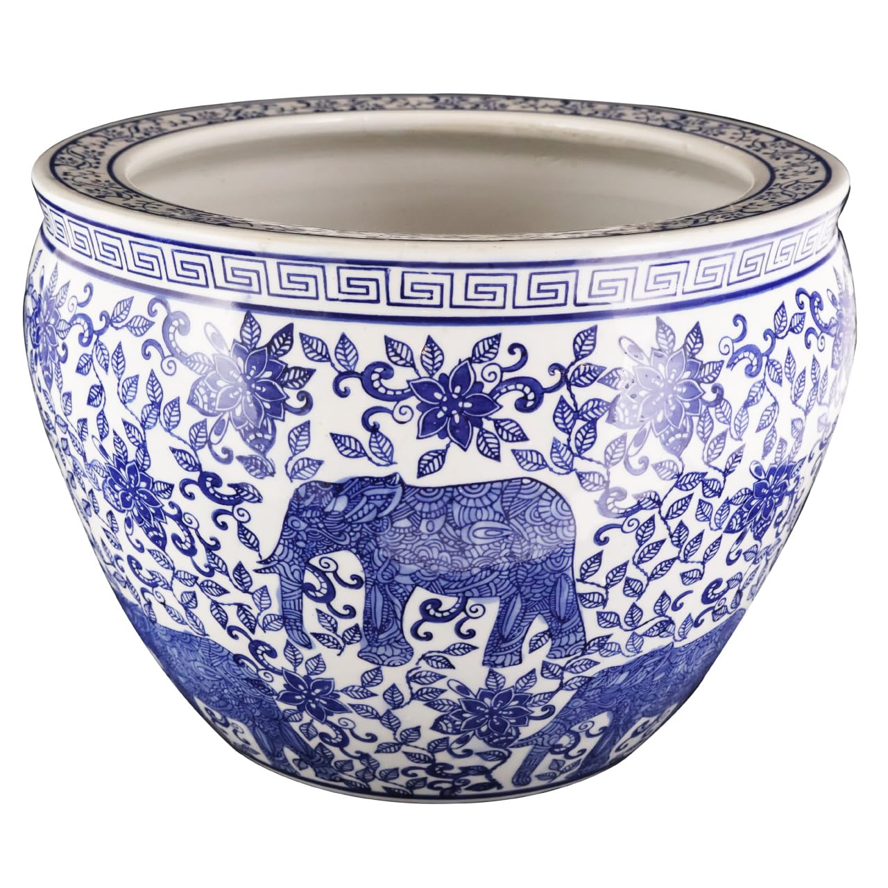 Oriental Furniture Warehouse Blue and White Porcelain Fishbowl with Elephant Design