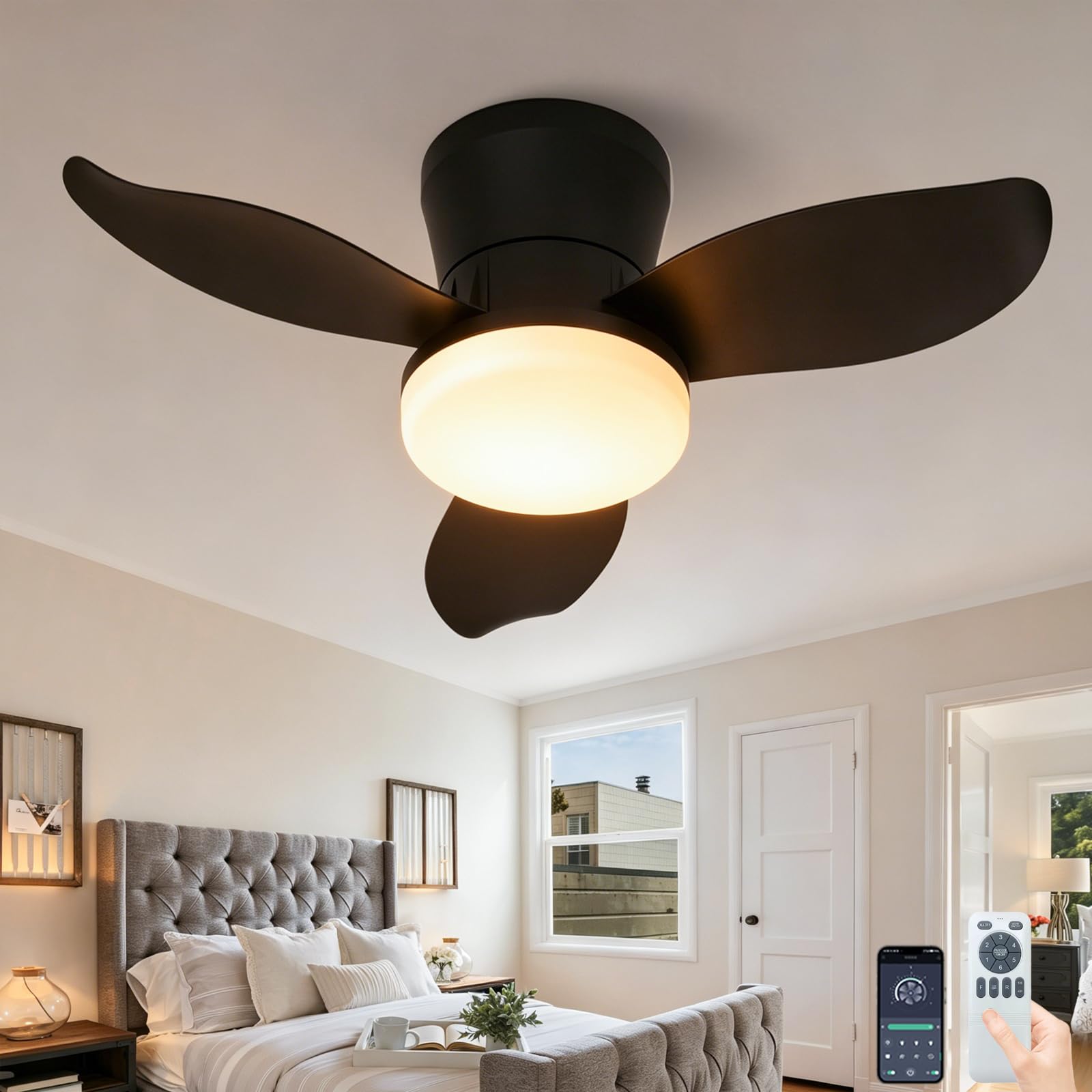 Fachae Imitation Wood Fan Light Ceiling for Bedroom Living Room Kitchen 25in,48W LED Dimmable Fan Lamp with Remote & APP,3000K-6000K,6 Speeds & Timers,Detachable Compact Ceiling Fan Light with Remote