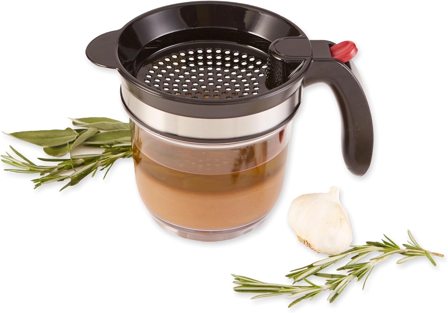 RSVP International Fat Separator Measuring Cup, Bottom Release & Built-in Strainer, Separates Oil & Grease for Smooth Gravy, Sauces & Stocks, Dishwasher Safe, 5.25x7.75x6.25-Inch, 4 Cup Capacity