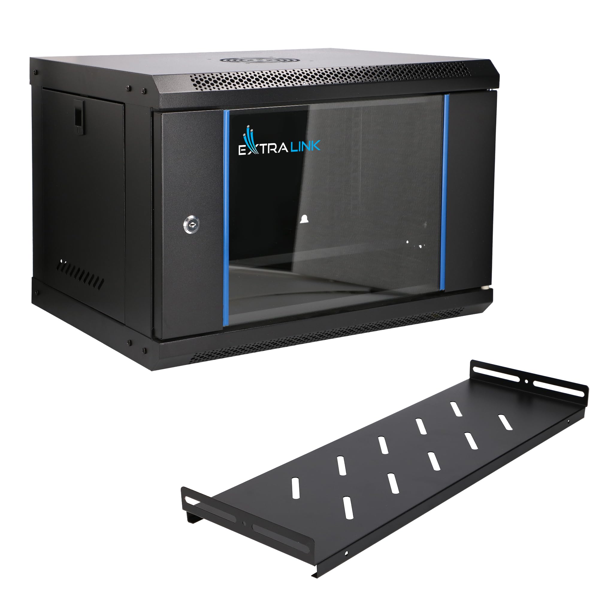 Extralink Armario Rack de 19" 6U - Armario de Red de 400 mm, Estante Incluido, Montaje en Pared o Suelo, hasta 60 kg, Apertura de 180°, Negro - para Red doméstica y Equipos informáticos