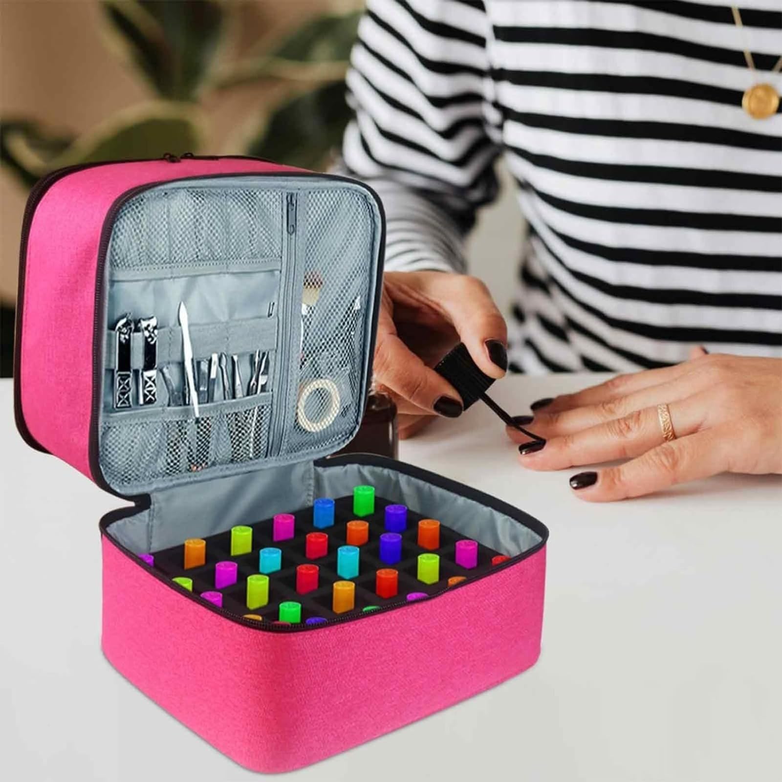 Caja de almacenamiento de esmaltes de uñas, organizador, bolsa de almacenamiento de esmaltes de uñas, organizador de bolsas de esmaltes de uñas de doble capa, organizadores de bolsas de cosméticos gra