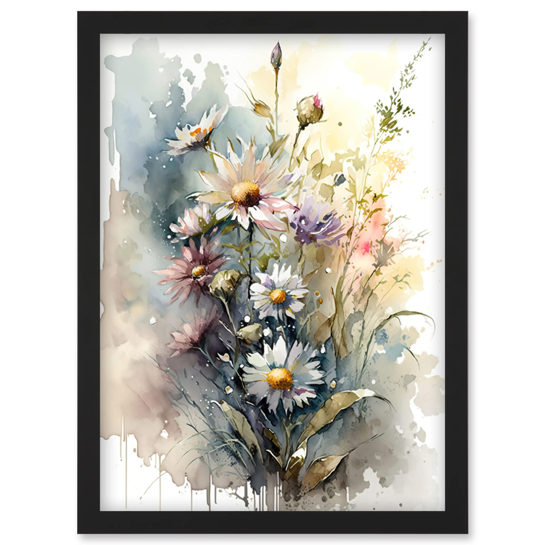 Artery8 Wild Flower Daisies in Bloom Modern Boho Watercolour Painting Artwork Framed Wall Art Print A4