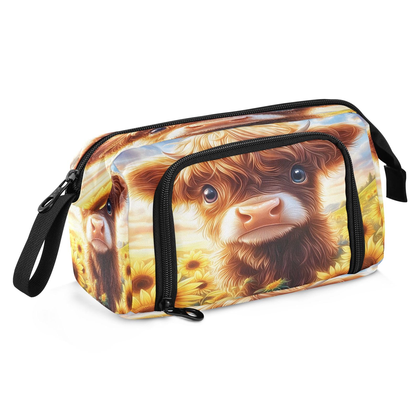 Mnsruu Big Capacity Pencil Case Highland Cow Sunflower Pouch Pen Case Pencil Box Stationery Bag Makeup Bag Office Organizer for Adults