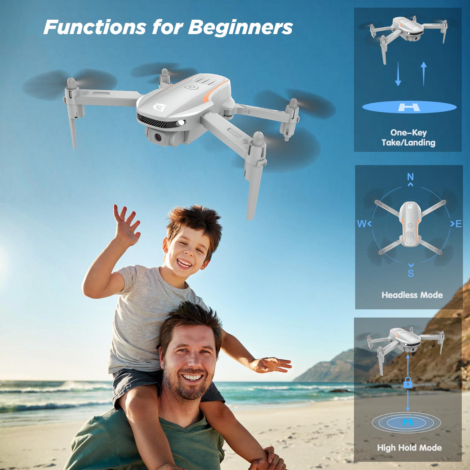 Ficinto Drone with Camera for Adults Kids, 1080P FHD FPV RC Quadcopter Foldable Drones for Beginners, 3D Flips, Altitude Hold, Headless Mode, 2 Batteries, Toys Gifts for Boys Girls, 90°Adjustable Lens
