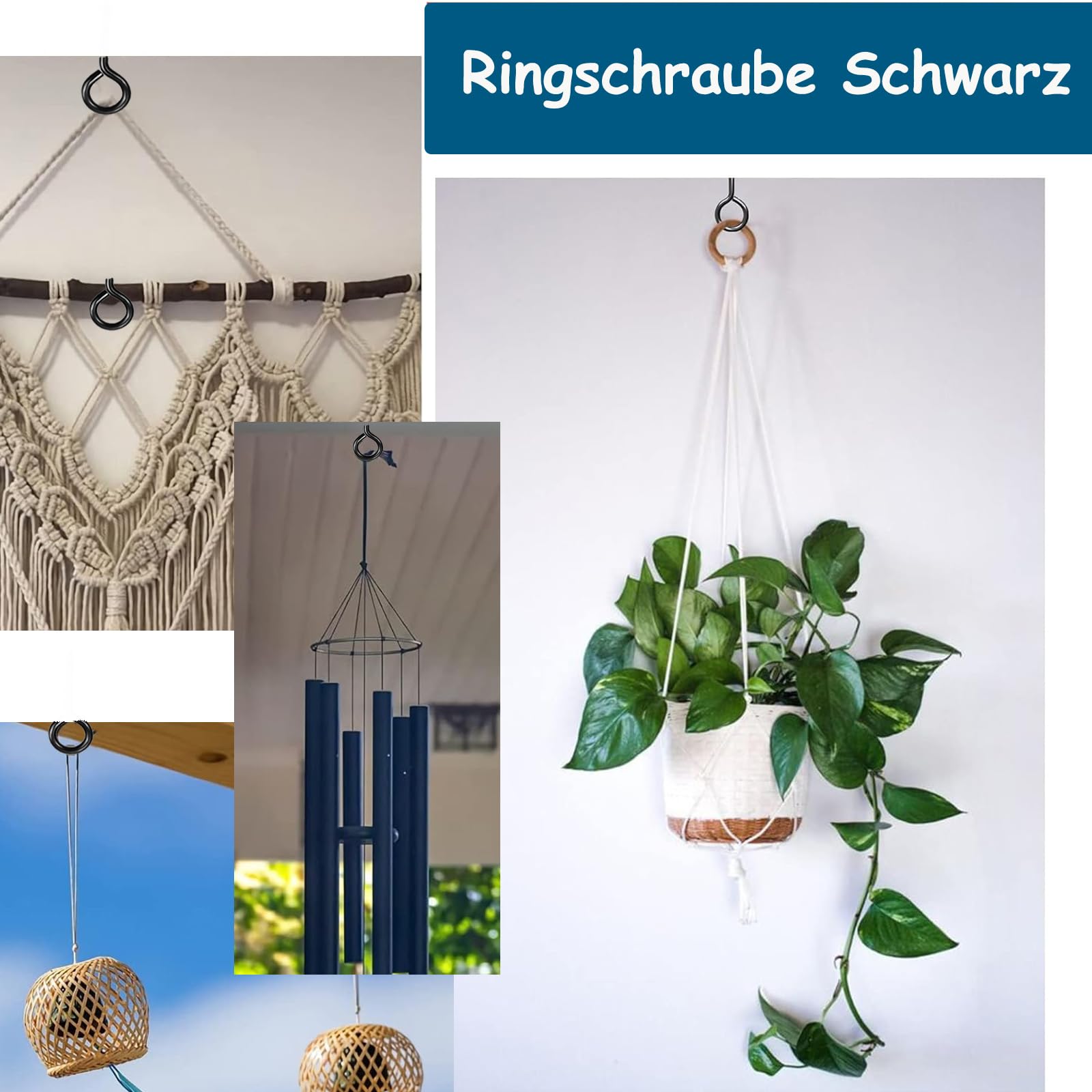qingmeng 50 sztuk wkrętów z oczkiem, M8 x 35 mm, wkręty oczkowe, czarne, śruby oczkowe, stal węglowa, samogwintujące, pierścień do samodzielnego wykonania, korka, rzemiosła, wiszące drewniane ramki