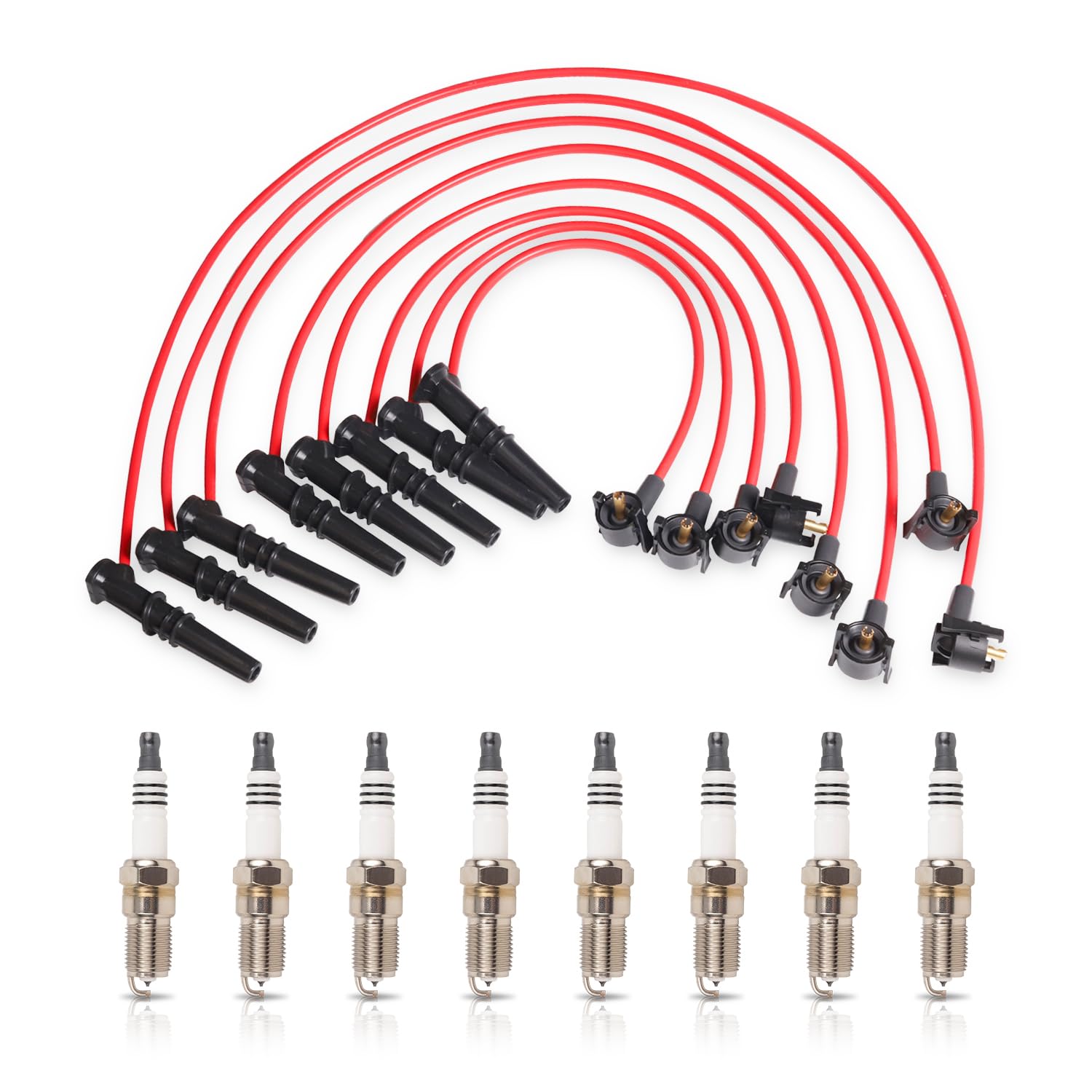 ENA Set of 8 Platinum Spark Plug and Red Wire Set Compatible with Ford Mercury Lincoln E150 F150 F250 Expedition Town Car Grand Marquis 4.6L V8