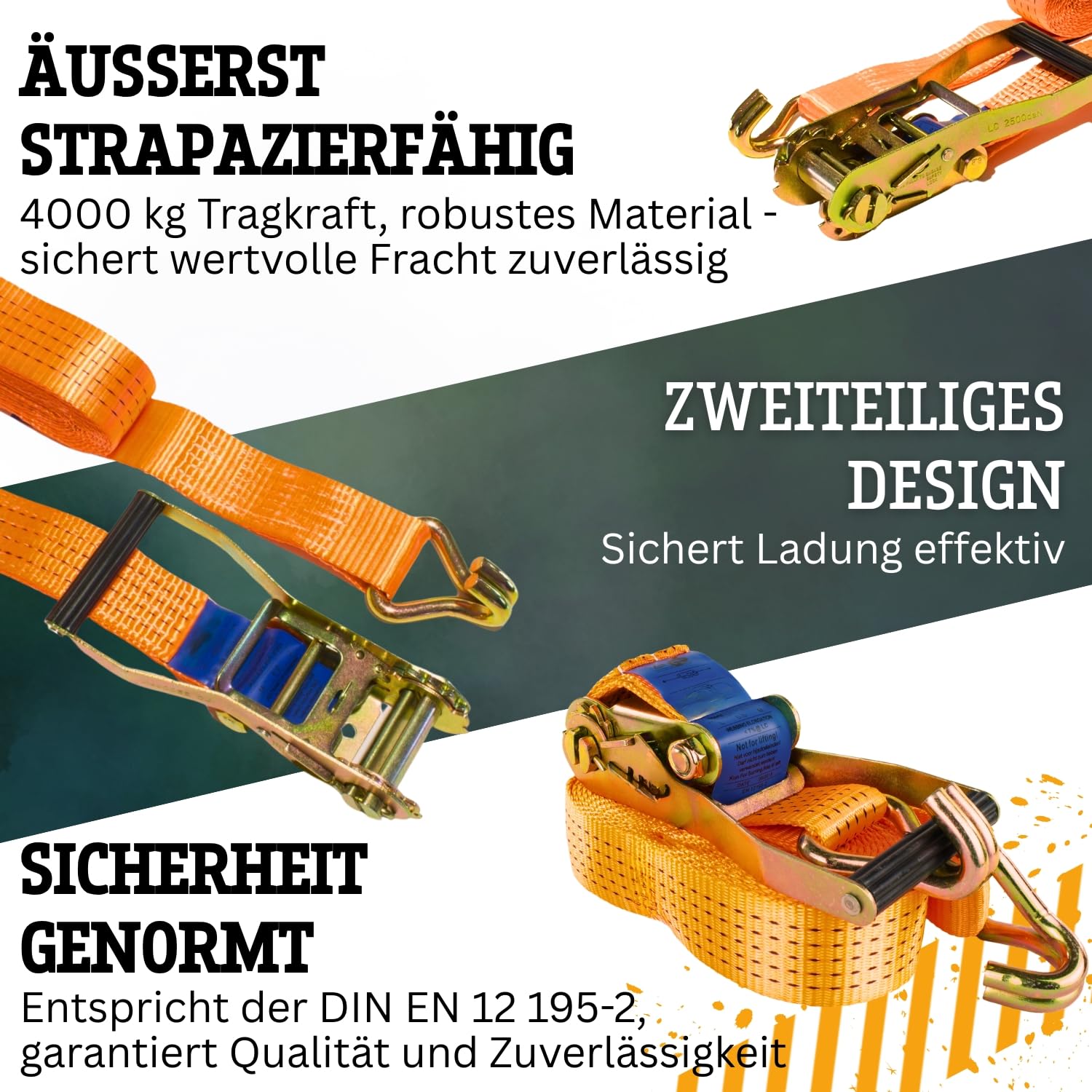 Safetytex Spanngurt 4t zweiteilig mit Ratsche & Spitzhaken – 4m lang 50mm breit – LC 2000/4000 daN – Zurrgurt zweiteilig – Profi-Ratsche – 100% Polyester (10 Stück)