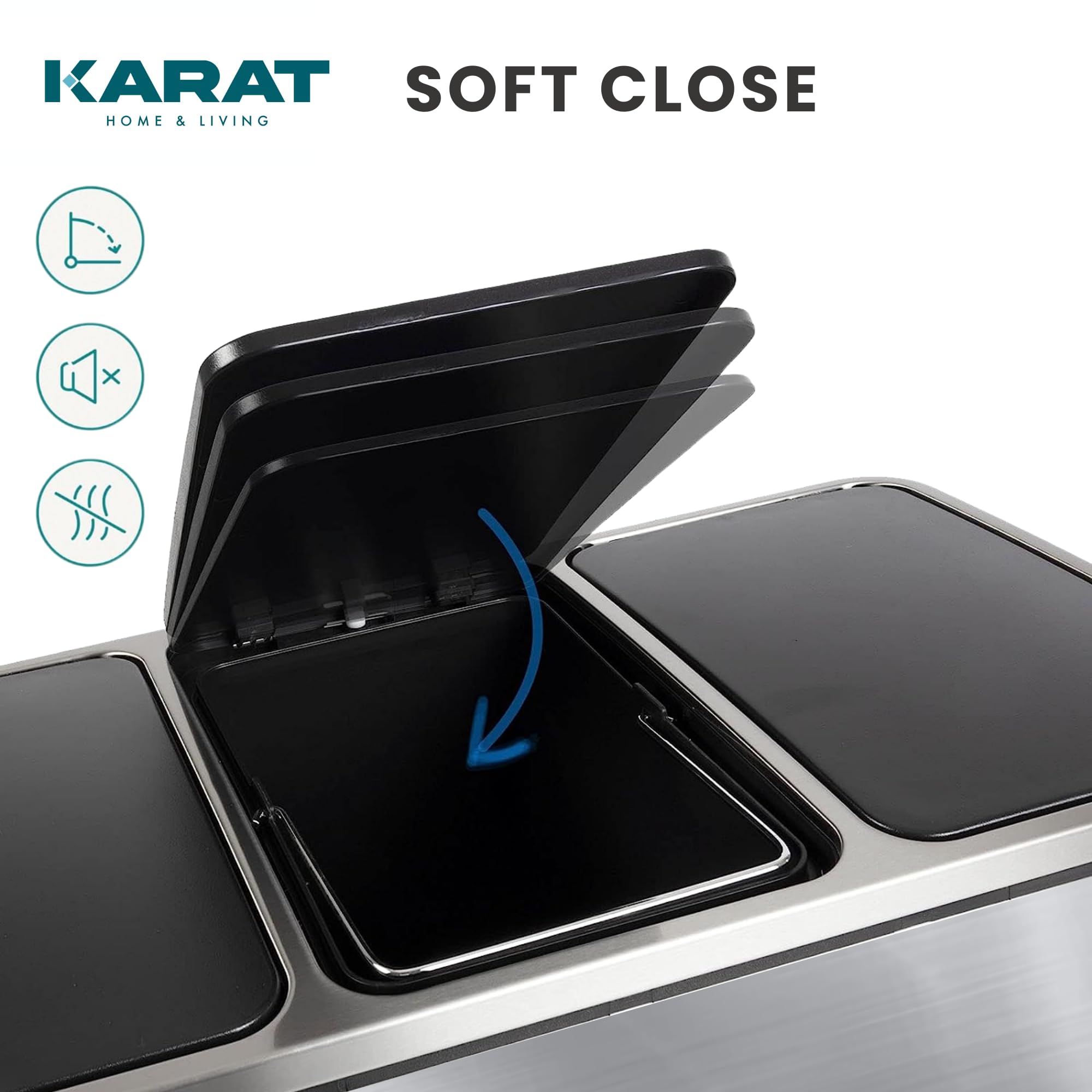 KARAT Mülleimer Küche 2×30L Edelstahl | 2-Fach Mülltrennsystem, Treteimer Küche, Metall, Soft-Close, luftdicht, Kunststoff-Inneneimer, Klappdeckel – (Felix)