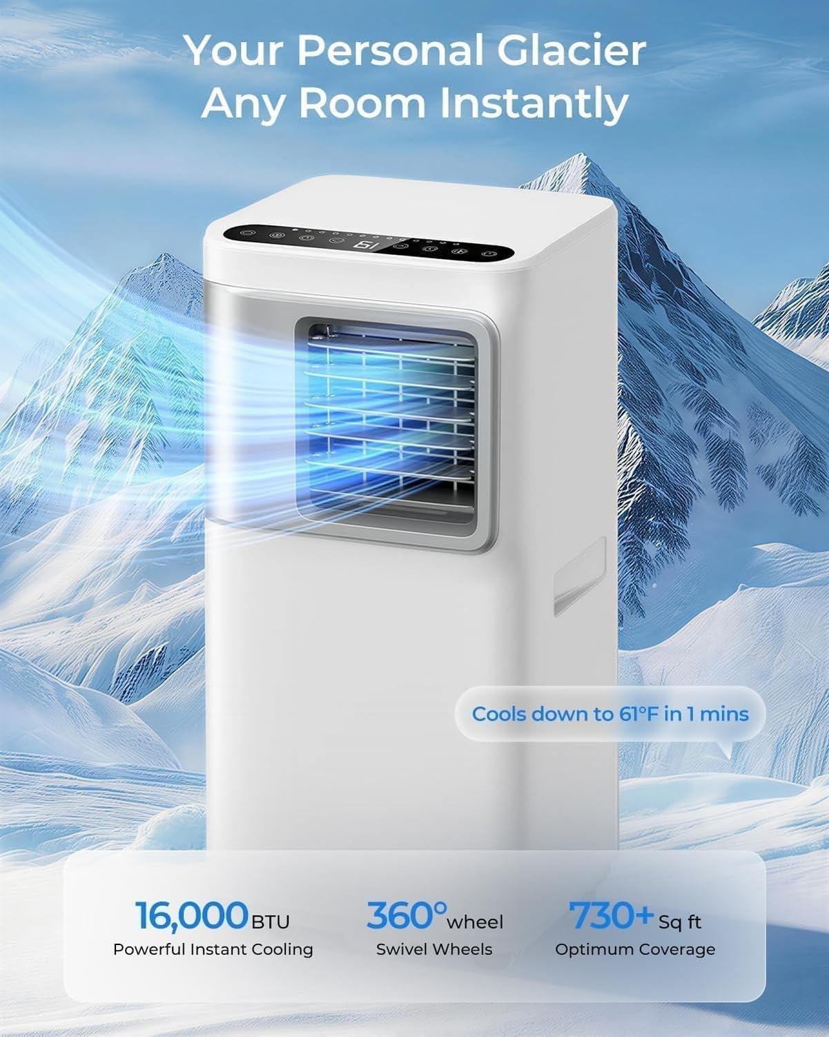 Przenośny klimatyzator 16000 BTU, 5w1 inteligentna chłodziarka do dużych pomieszczeń do 70 m², szybkie chłodzenie, osuszacz powietrza i tryb oszczędzania energi