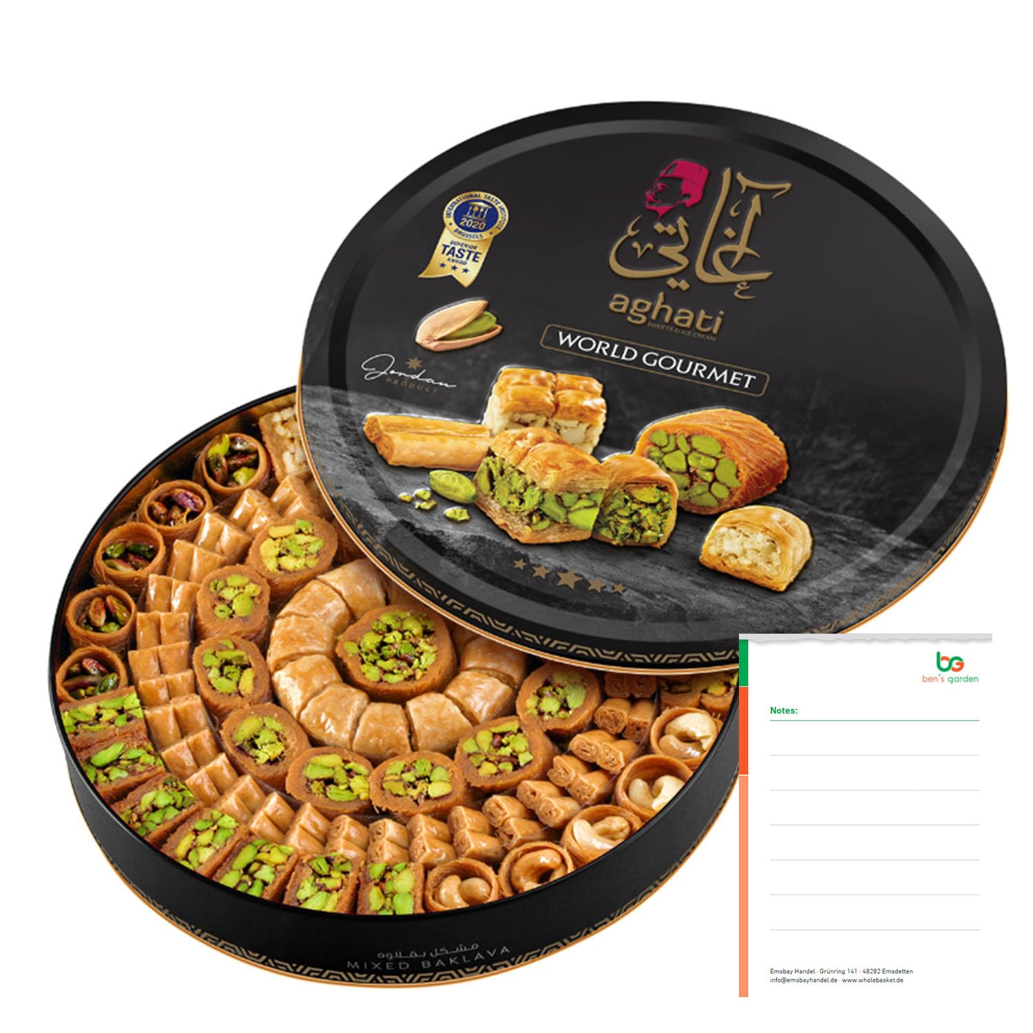 Premium Baklava 500g Gemischte Sorten - Orientalische Süßigkeiten Geschenkbox - Mit Echten Pistazien & Nüssen - Süßgebäck Spezialität & Ben's Garden Notiz Set