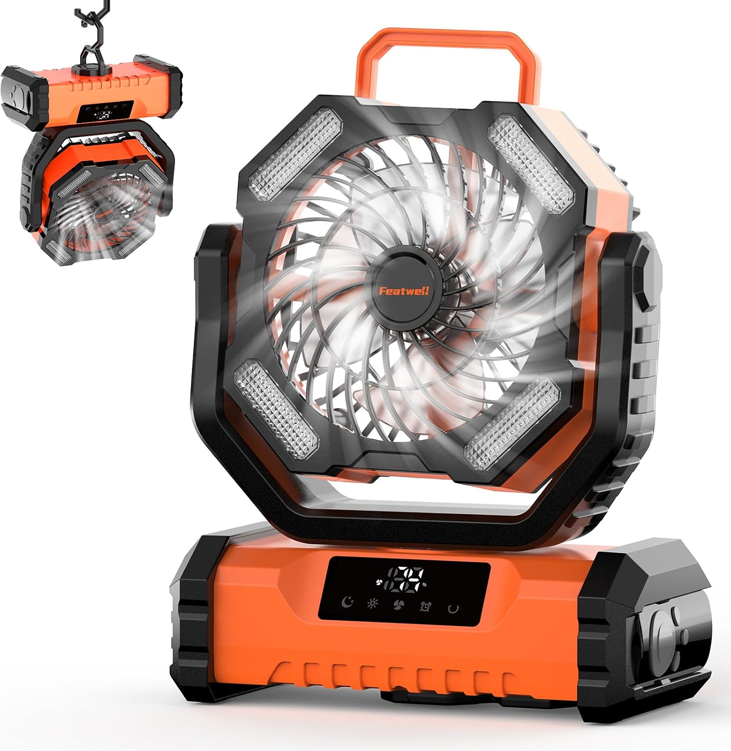 Featwell 20000mAh Portable Fan with Touch Screen, 5-Speed Strong Airflow LED Camping Fan, Ventilador Recargable with Remote for Tent, Camping, Indoor, Travel (Orange)
