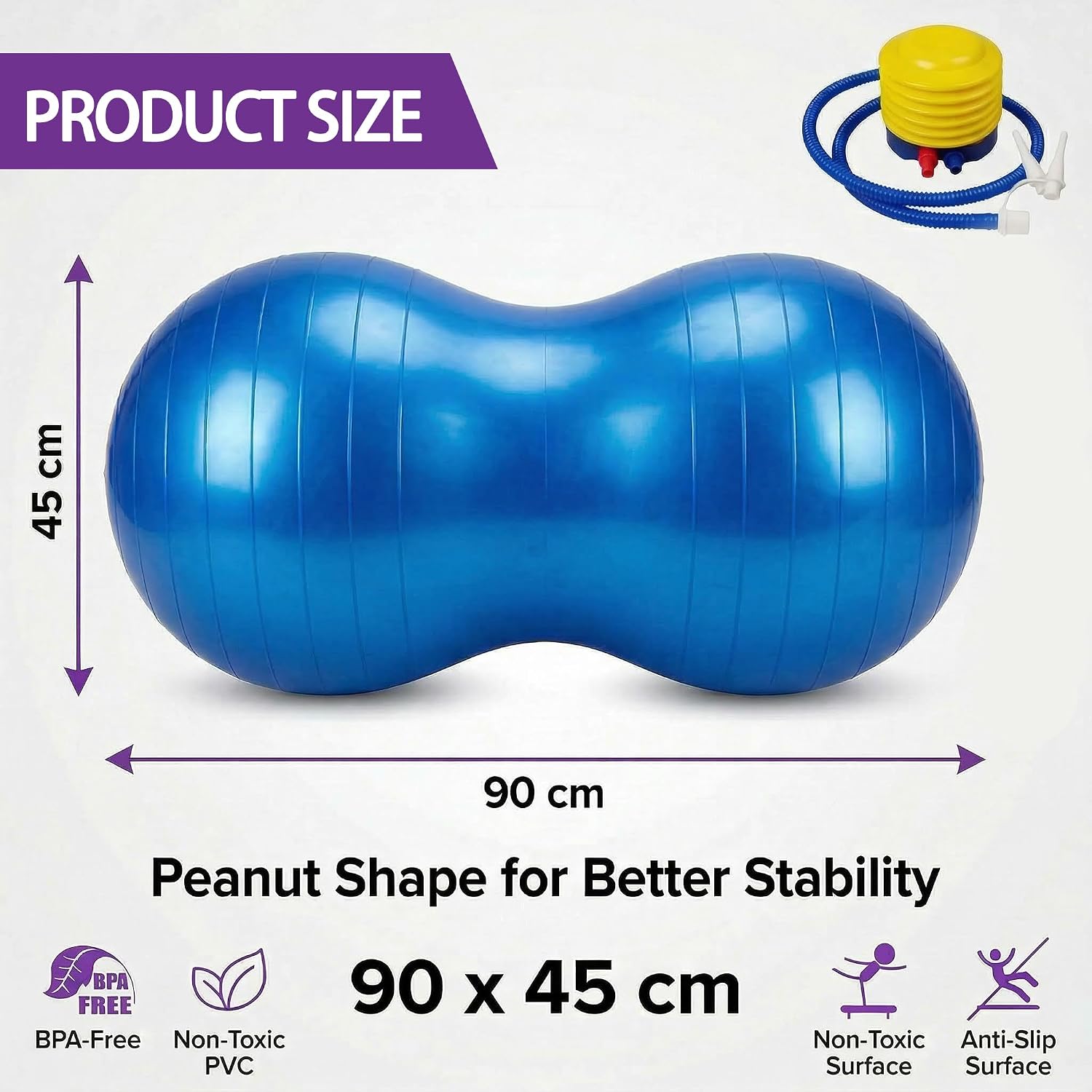 Peanut Ball for Kids Therapy,Anti-burst Exercise Ball With Pump 90x45cm Yoga Ball Gym Quality Fitness Ball for Pregnancy Birth Exercise Physical Therapy, for Child Training, Women, Men (Blue)