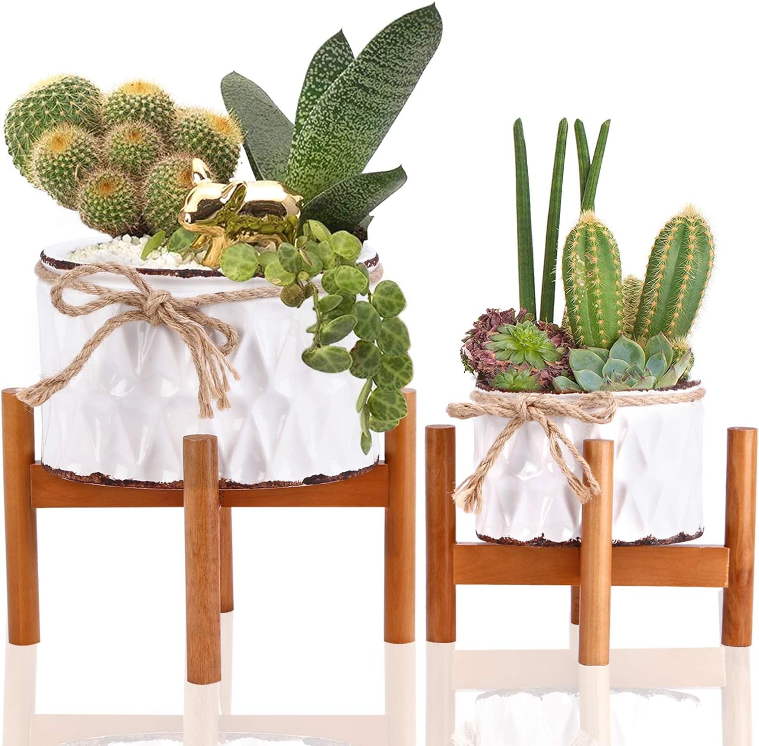 Set 2 Indoor Mid Century Planter Pots with Wood Plant