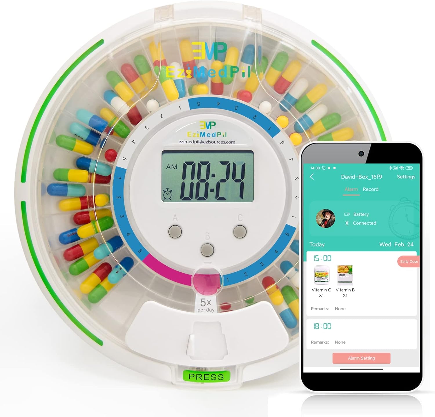 EziMedPil Bluetooth Pill Dispenser w/Audio & Visual & App Alerts, up to 9 Alarms/Day, 9 Dosage Templates, 28-Day Medication Dispenser w/Key for Prescriptions, Vitamins & More, Clear Lid EziMedPil Bluetooth Pill Dispenser w/Audio & Visual & App Alerts, up to 9 Alarms/Day, 9 Dosage Templates, 28-Day Medication Dispenser w/Key for Prescriptions, Vitamins & More, Clear Lid